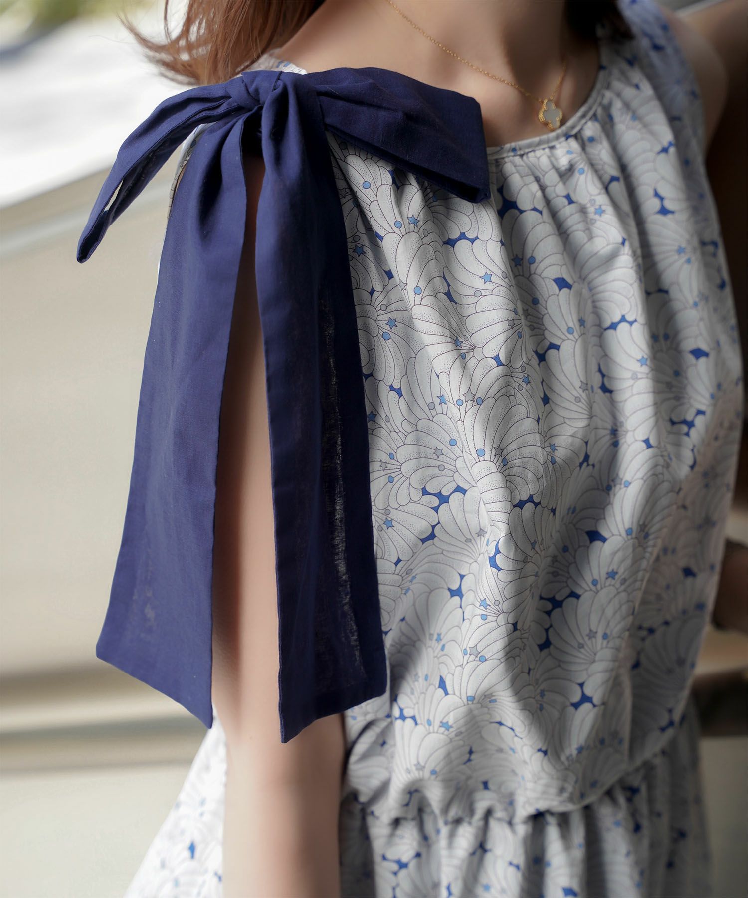 レディース/ワンピース/リゾート/ロングワンピース/リボンショルダー/ノースリーブ/シェル柄/花柄/S/M