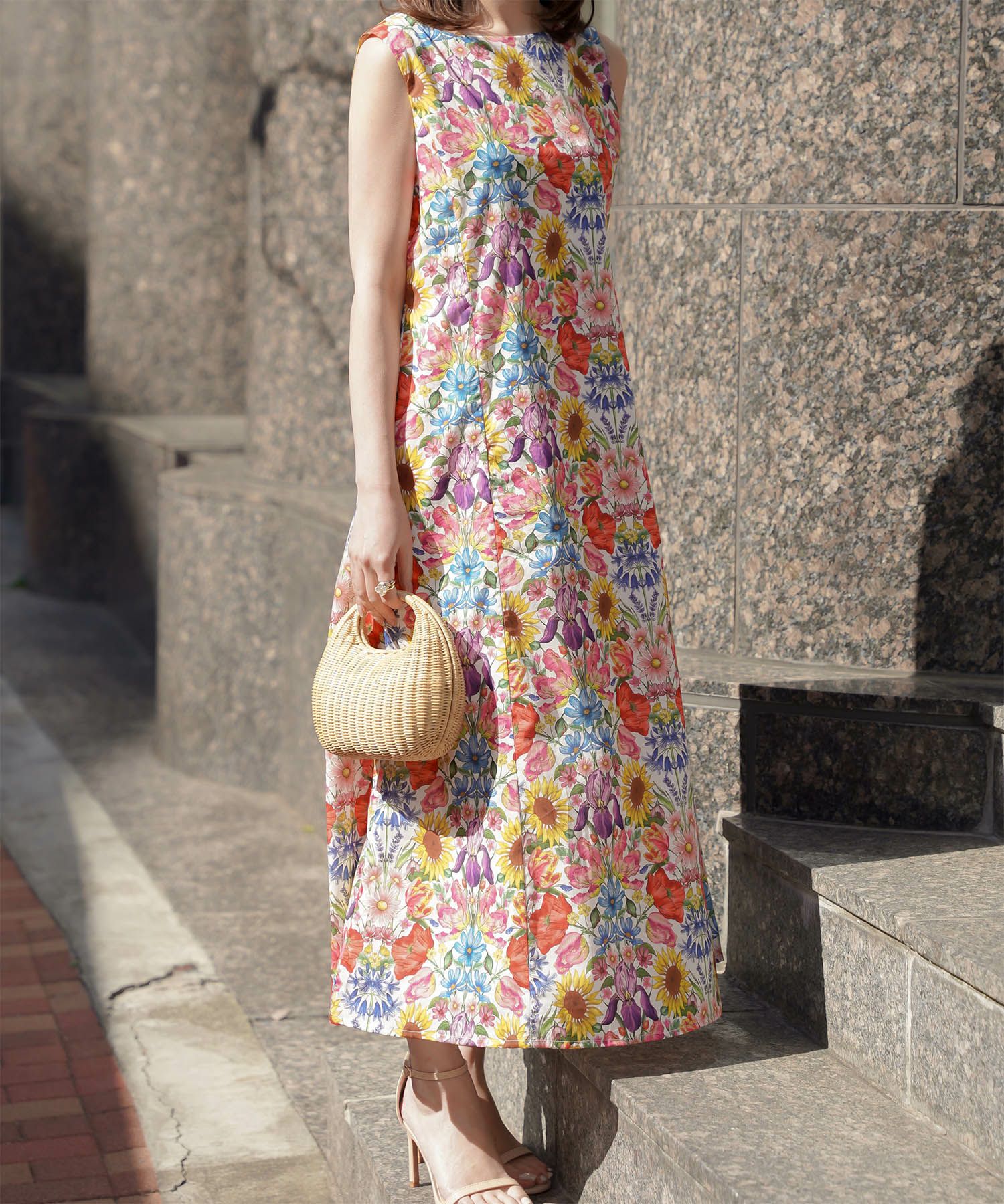 レディース ロングワンピース リゾート 花柄 リバティ柄 ノースリーブ/ミックス/イエロー/S/M