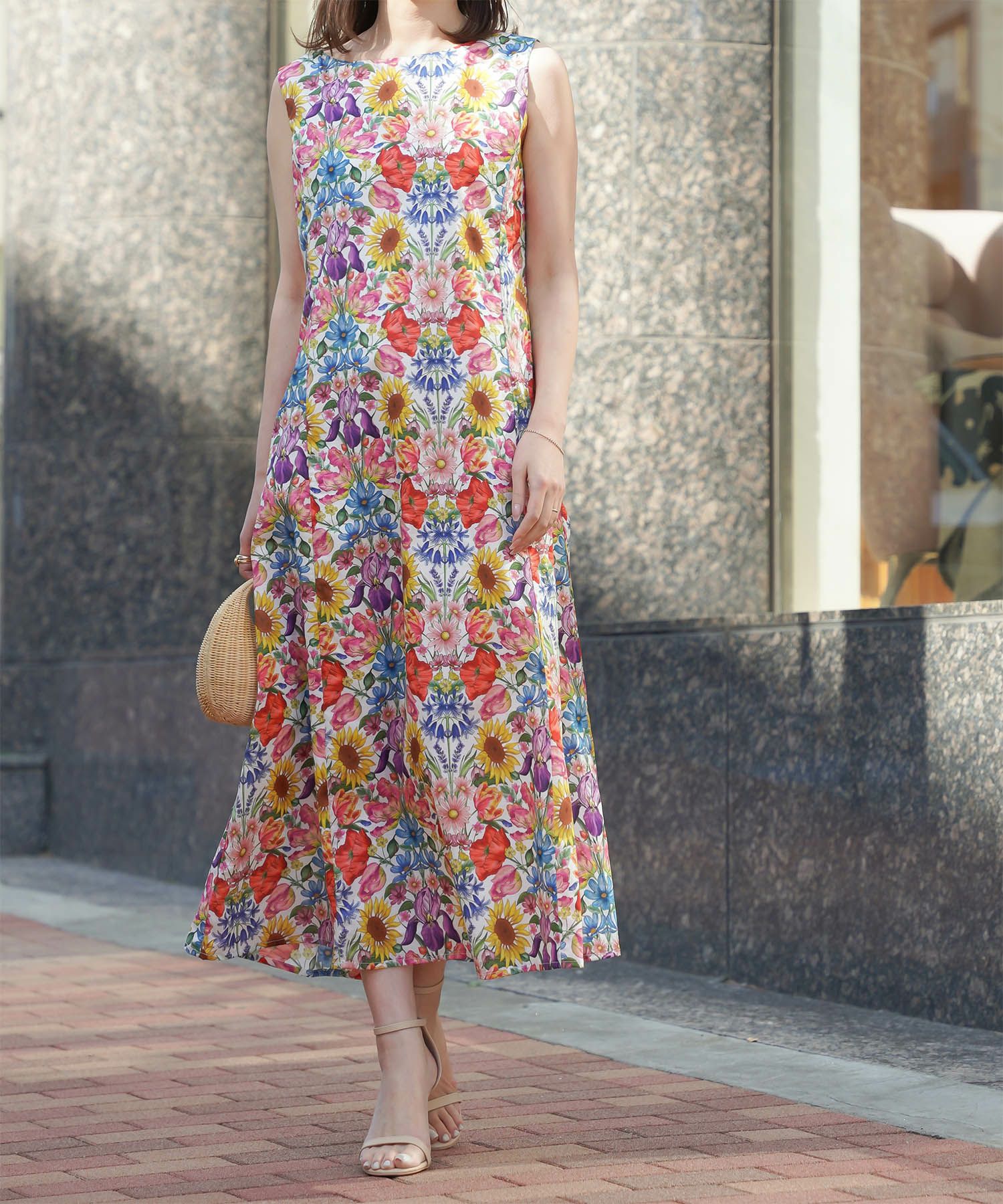 レディース ロングワンピース リゾート 花柄 リバティ柄 ノースリーブ/ミックス/イエロー/S/M