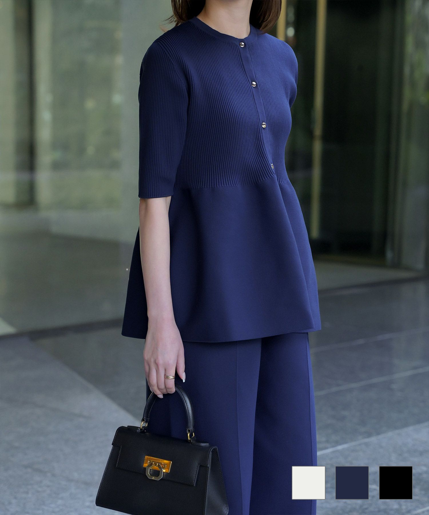 ホールガーメント ニット ペプラム トップス HUIT ホワイト/ネイビー/ブラック