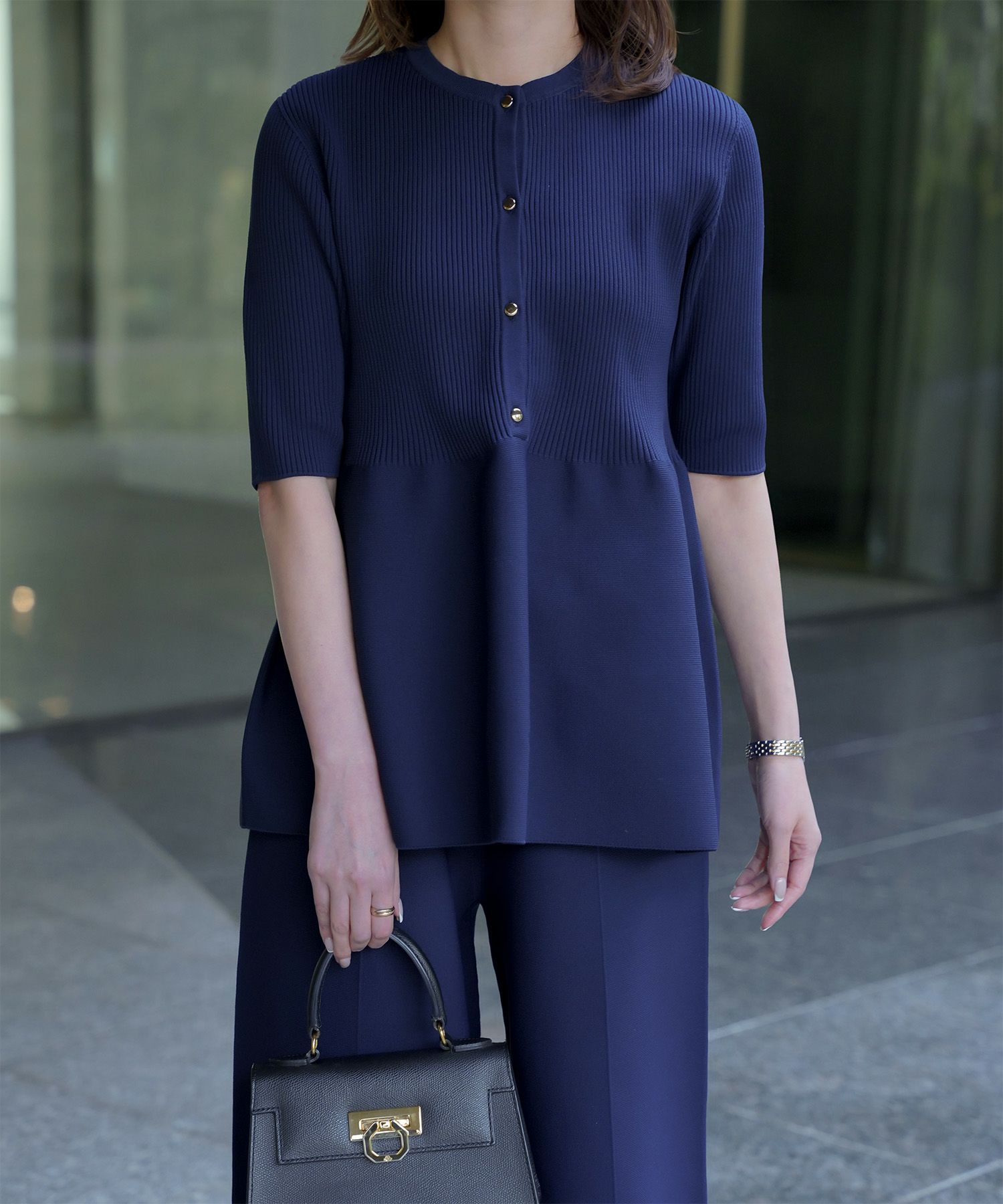 レディース 半袖 サマーニット セットアップ きれいめ 洗える ホワイト ネイビー ブラック M ペプラム 半袖