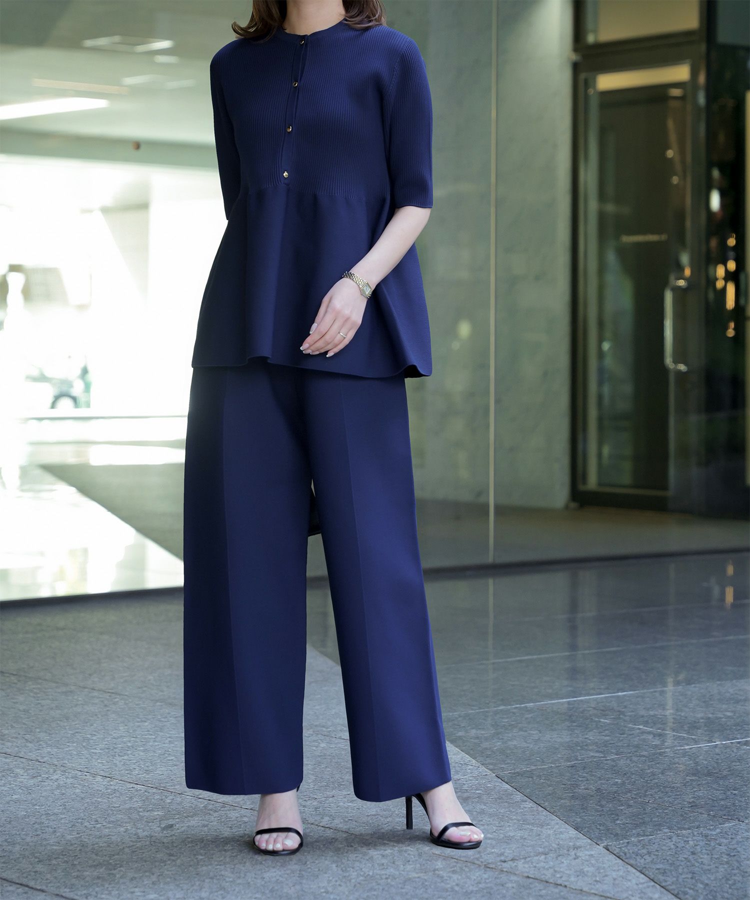 レディース 半袖 サマーニット セットアップ きれいめ 洗える ホワイト ネイビー ブラック M ペプラム 半袖