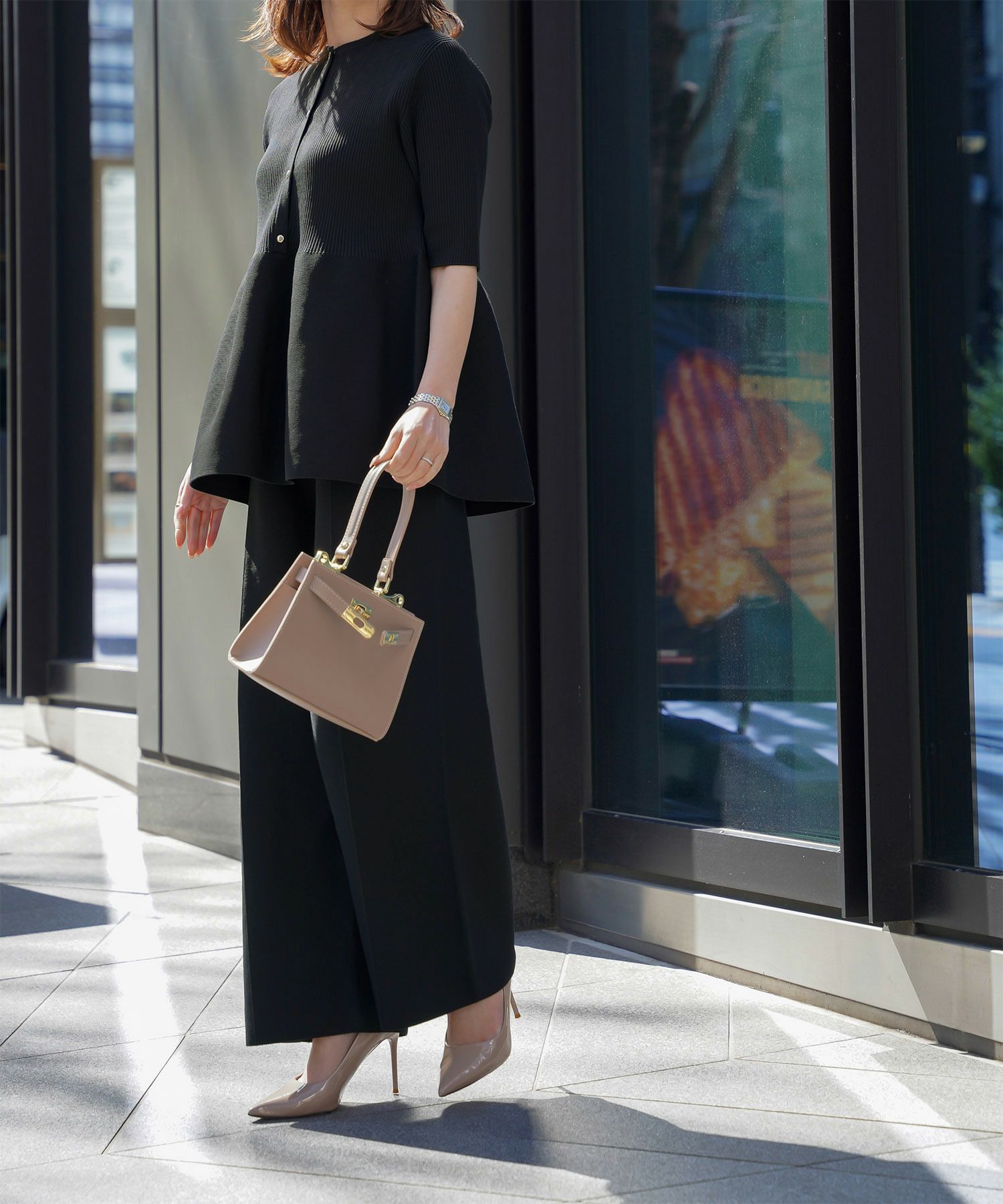 レディース 半袖 サマーニット セットアップ きれいめ 洗える ホワイト ネイビー ブラック M ペプラム 半袖