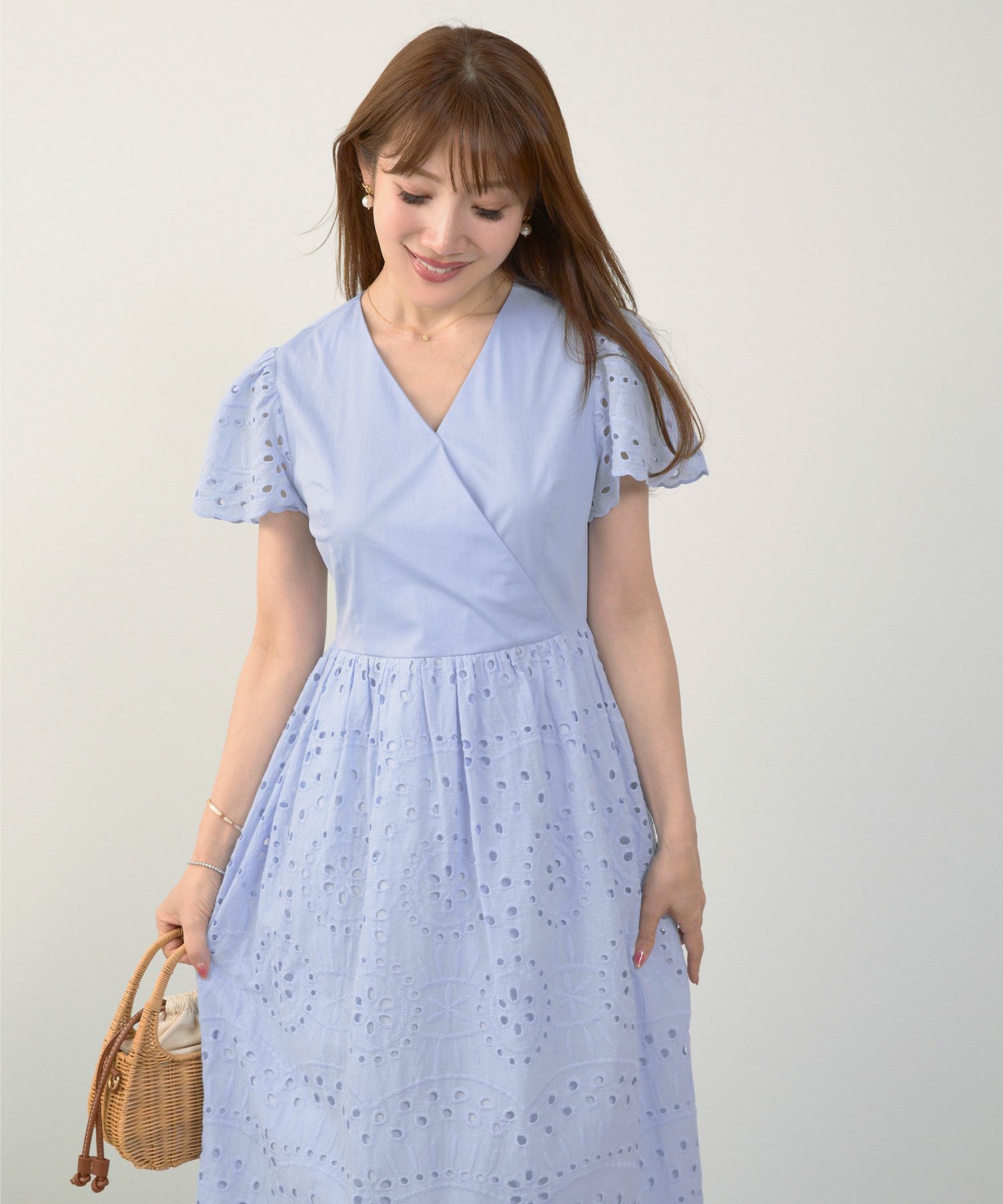 手洗い可Vネックレースおしゃれフェミニンナチュラル上品大人可愛いきれいめ夏ジョイントスペース