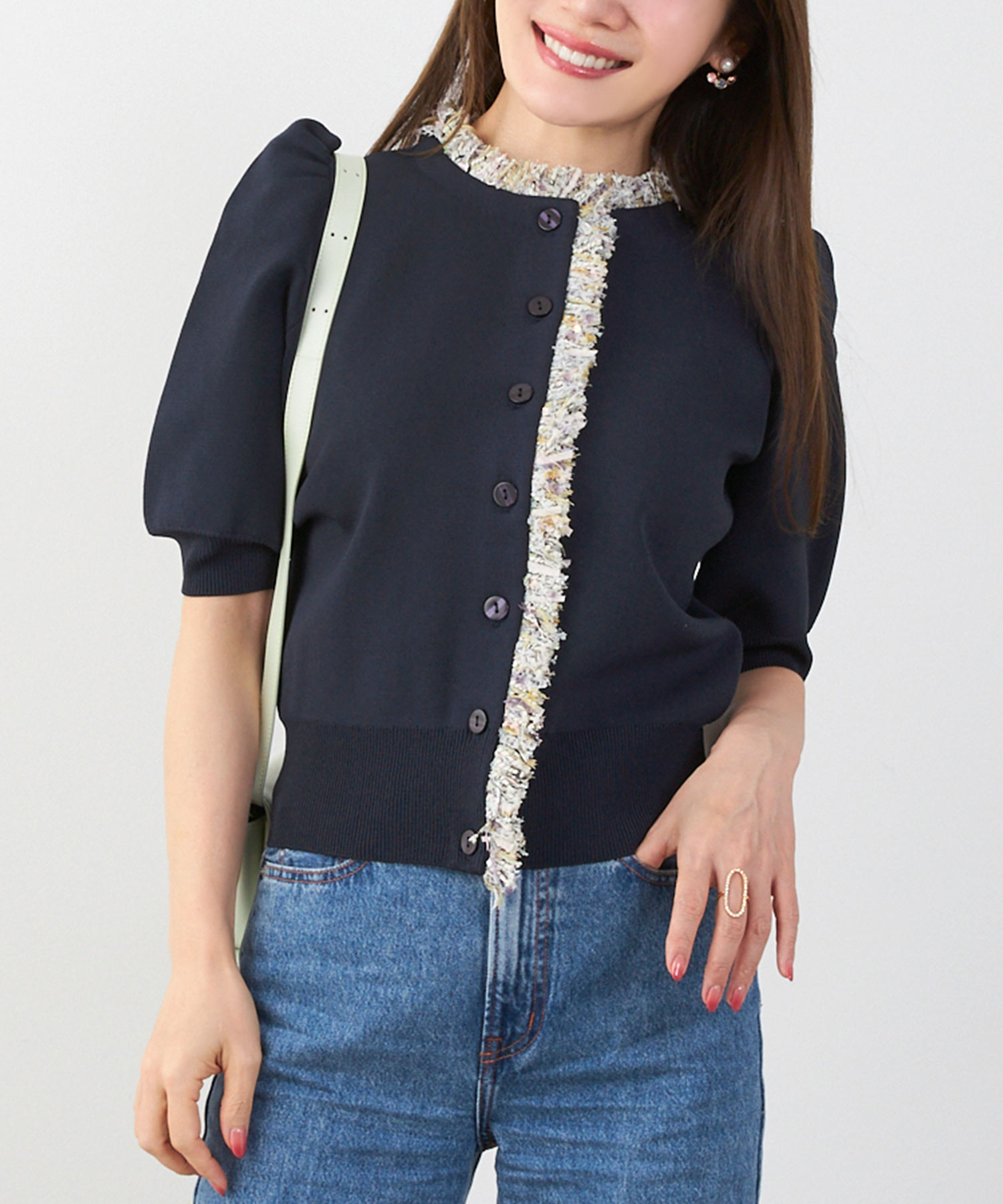 手洗い可体型カバーオフィスラウンドネックパフ袖おしゃれフェミニン上品大人可愛いきれいめシンプルカジュアルジョイントスペース