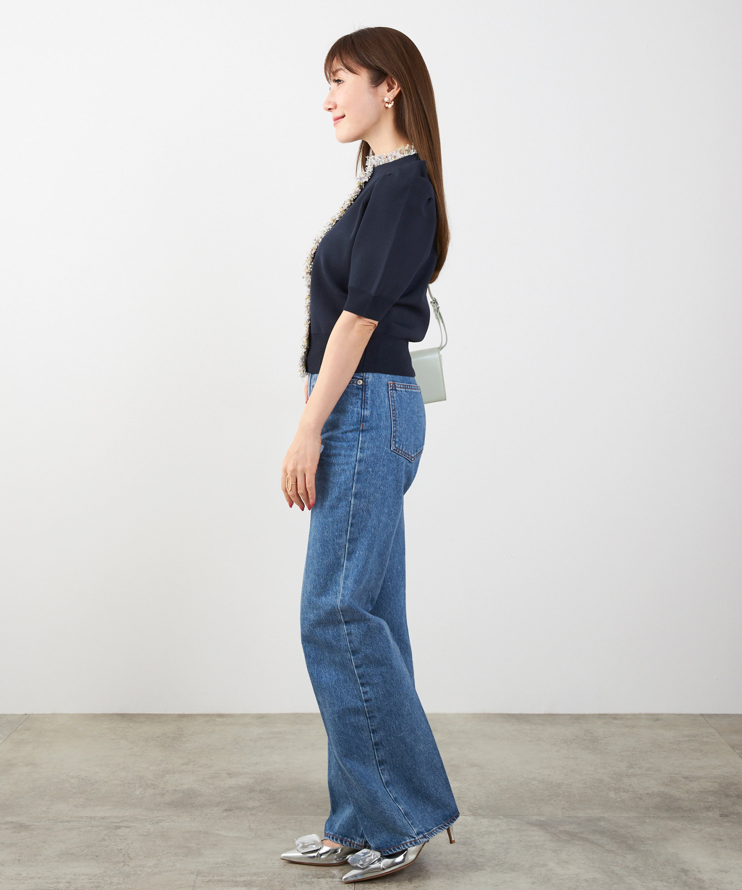 手洗い可体型カバーオフィスラウンドネックパフ袖おしゃれフェミニン上品大人可愛いきれいめシンプルカジュアルジョイントスペース