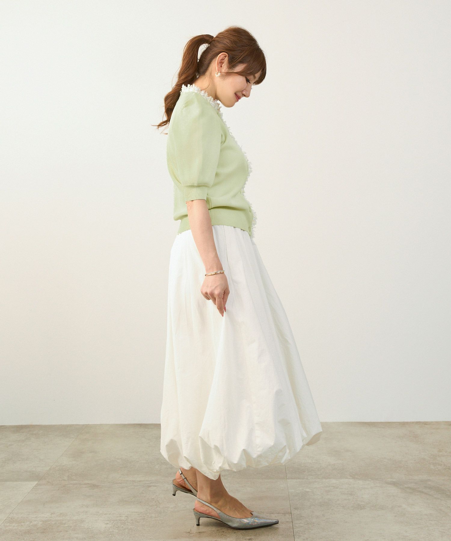 手洗い可体型カバーオフィスラウンドネックパフ袖おしゃれフェミニン上品大人可愛いきれいめシンプルカジュアルジョイントスペース