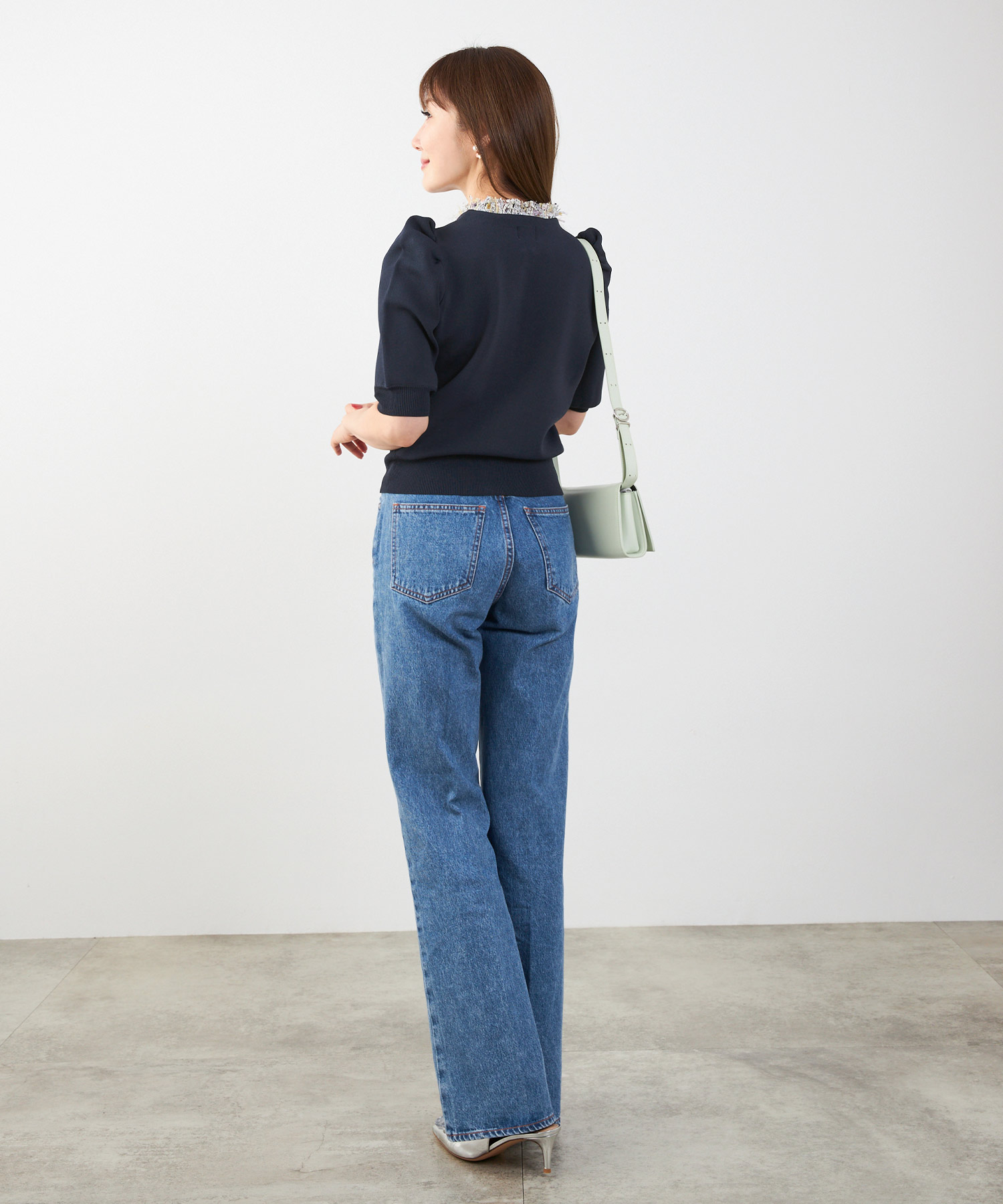 手洗い可体型カバーオフィスラウンドネックパフ袖おしゃれフェミニン上品大人可愛いきれいめシンプルカジュアルジョイントスペース