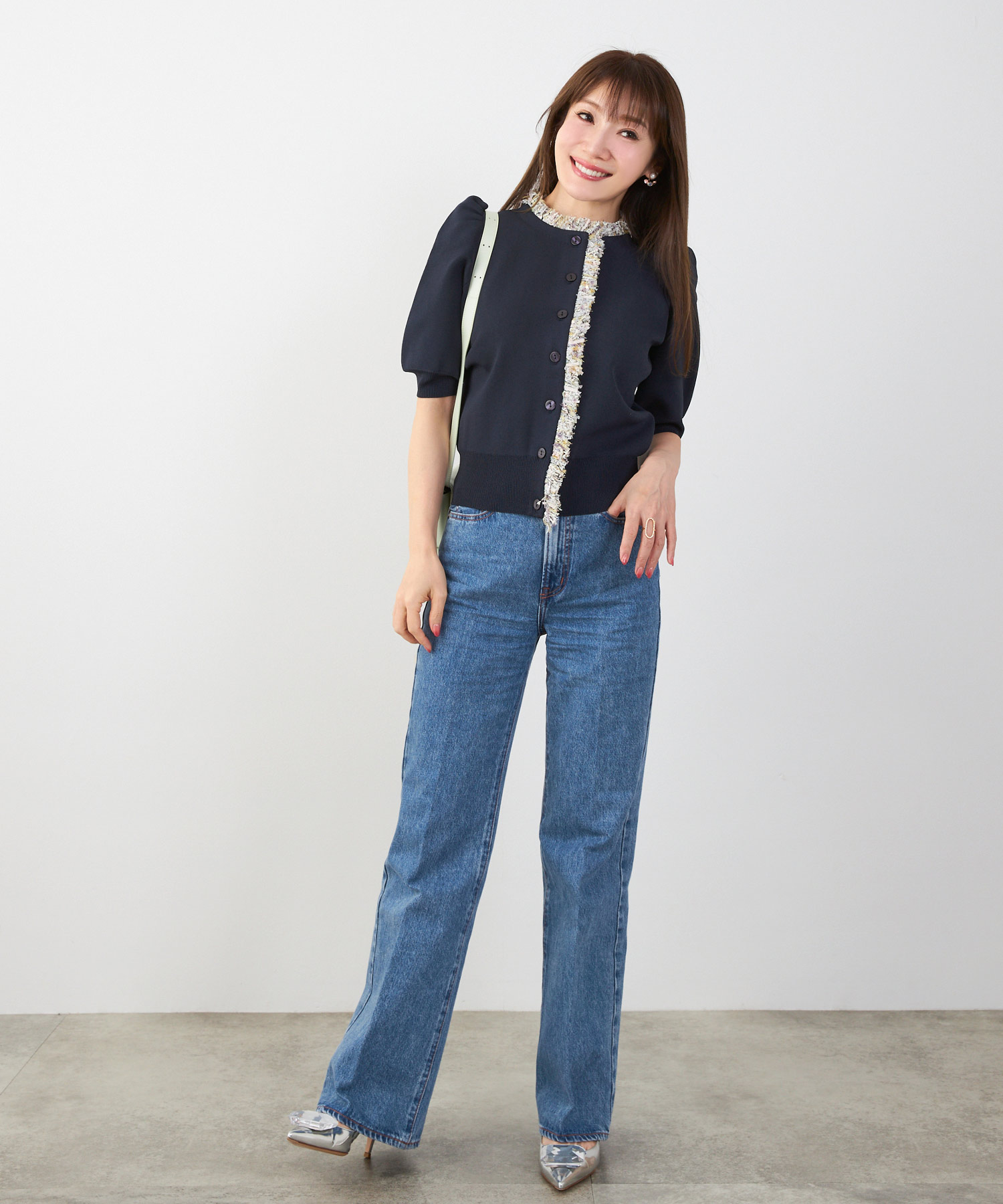 手洗い可体型カバーオフィスラウンドネックパフ袖おしゃれフェミニン上品大人可愛いきれいめシンプルカジュアルジョイントスペース