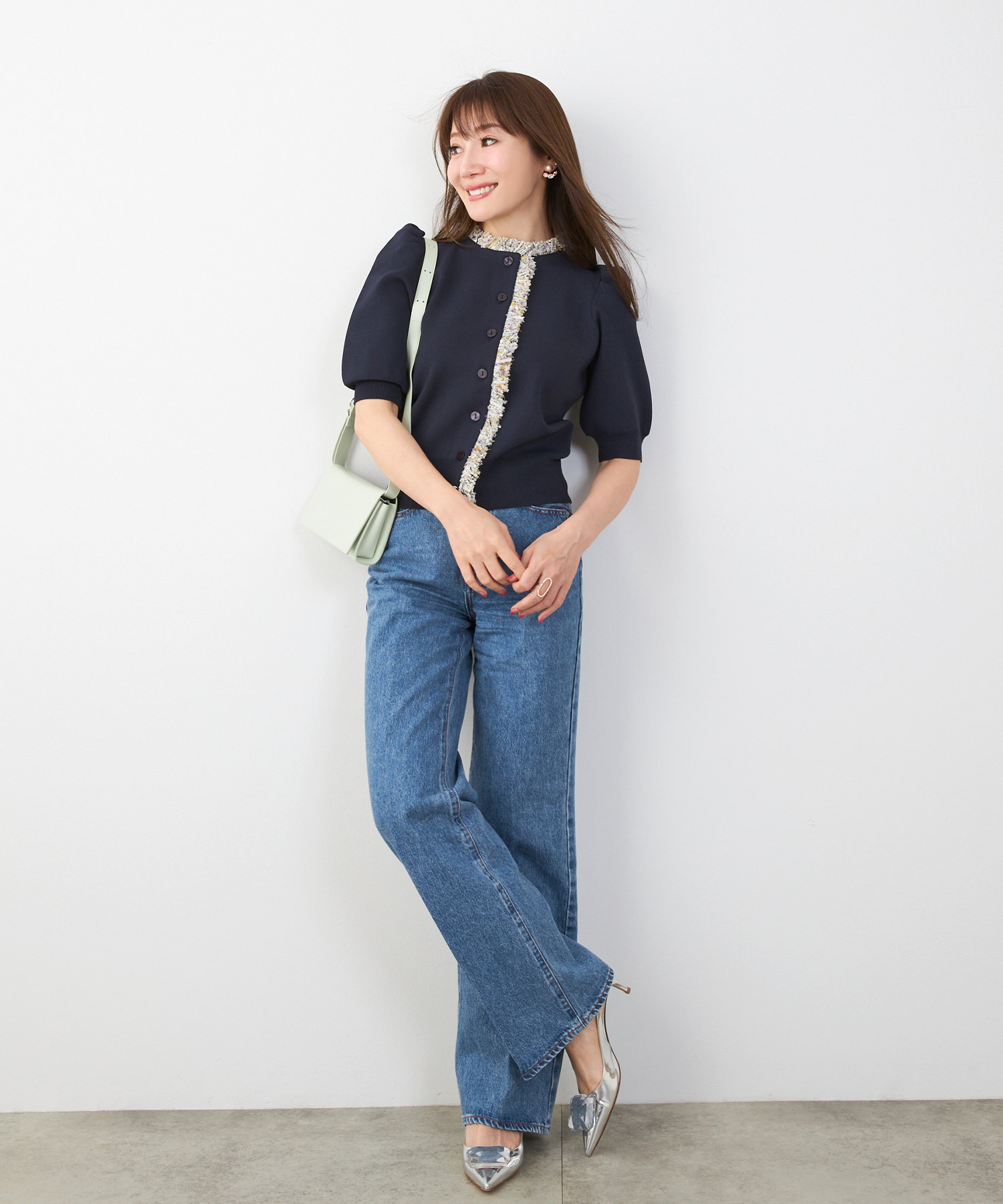 手洗い可体型カバーオフィスラウンドネックパフ袖おしゃれフェミニン上品大人可愛いきれいめシンプルカジュアルジョイントスペース