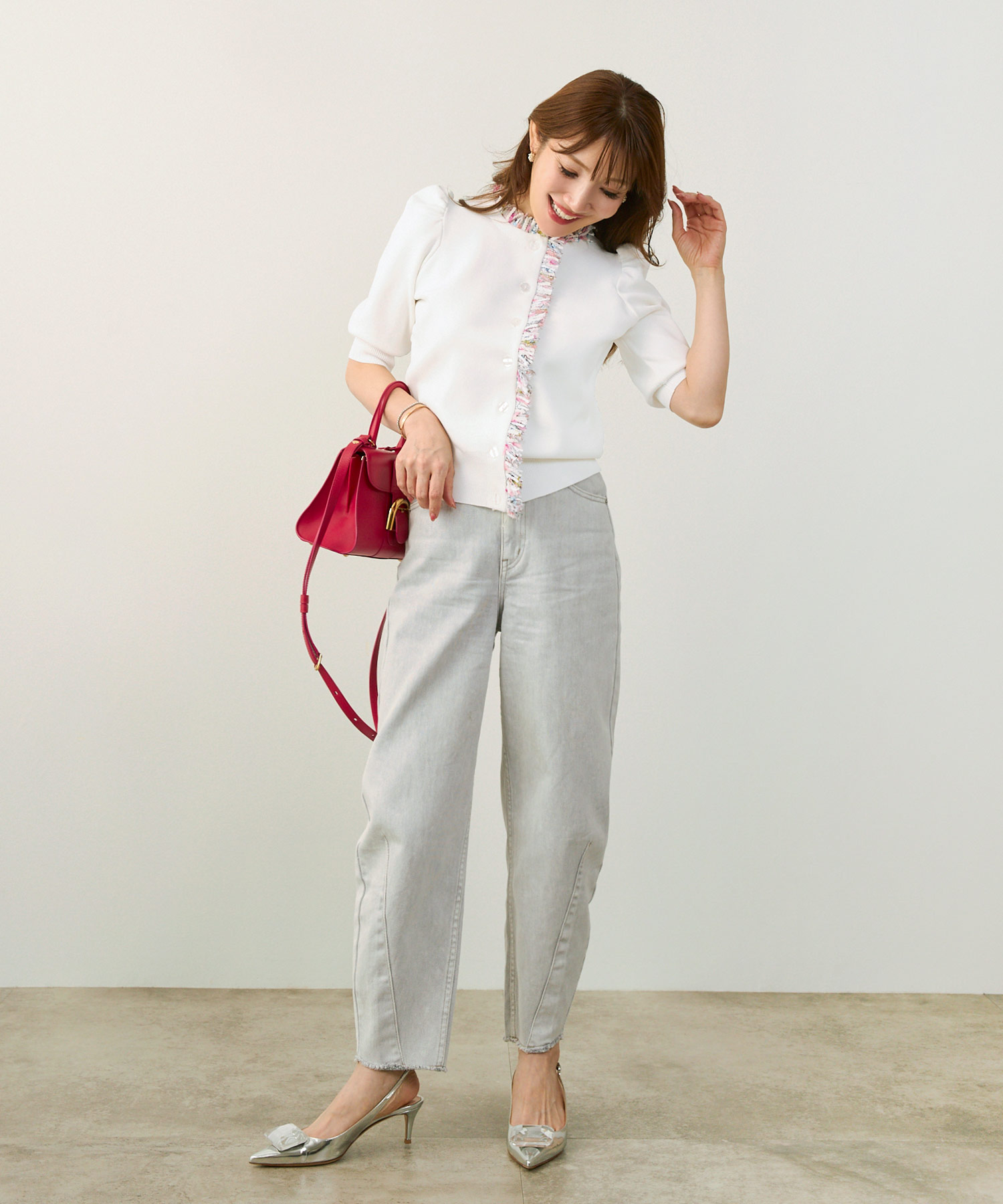 手洗い可体型カバーオフィスラウンドネックパフ袖おしゃれフェミニン上品大人可愛いきれいめシンプルカジュアルジョイントスペース