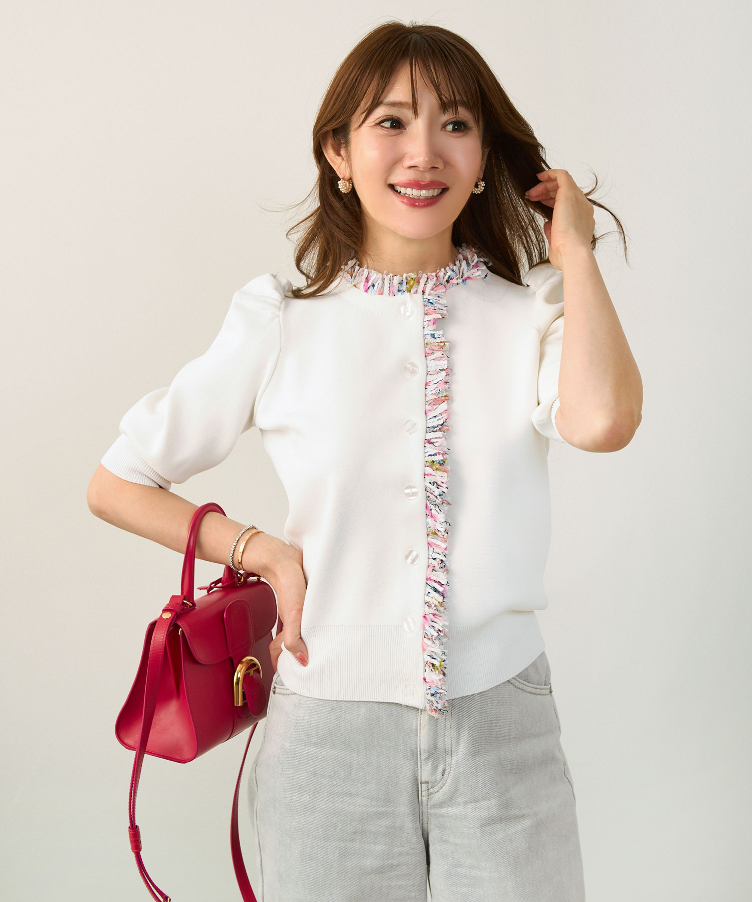 手洗い可体型カバーオフィスラウンドネックパフ袖おしゃれフェミニン上品大人可愛いきれいめシンプルカジュアルジョイントスペース