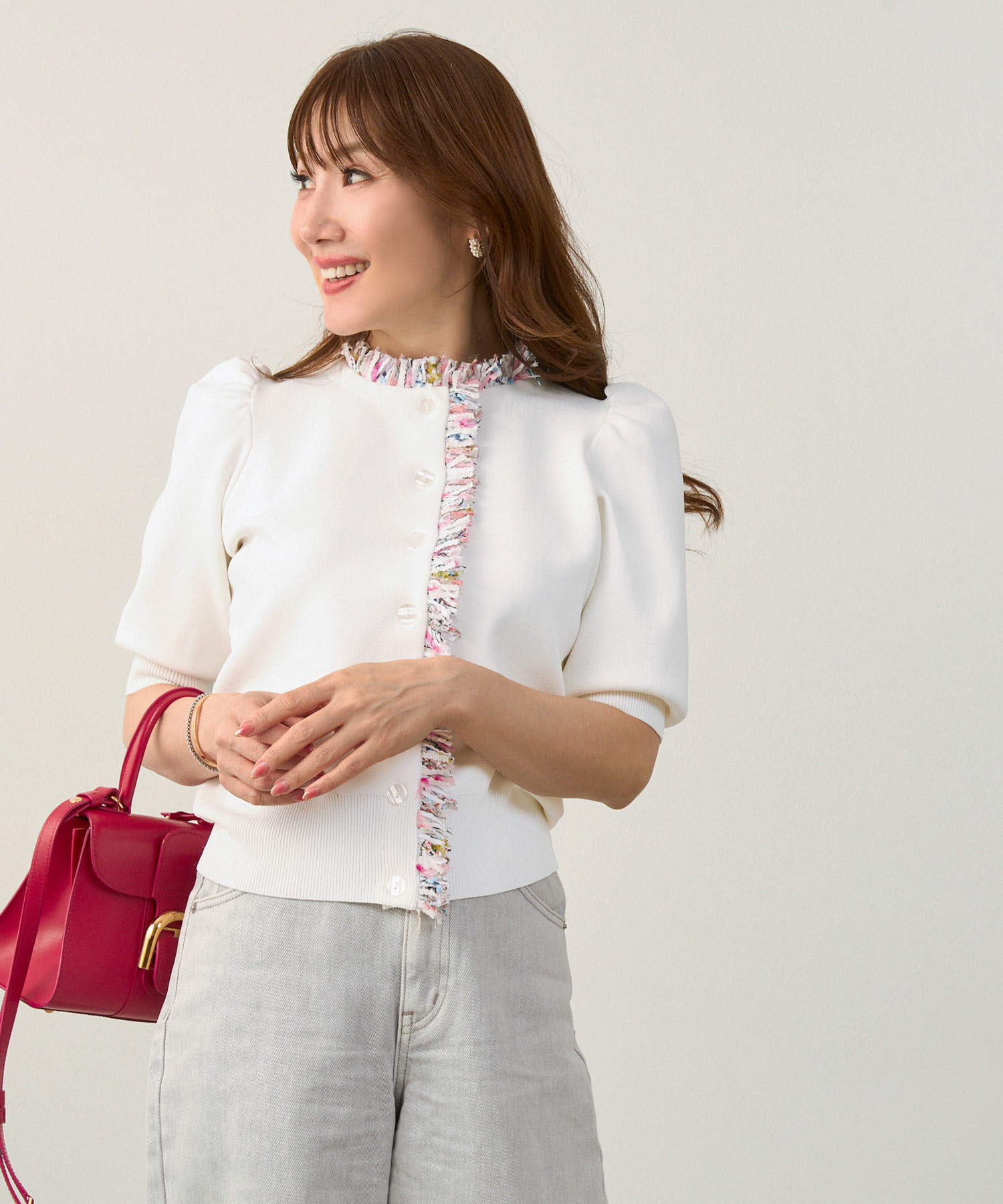 手洗い可体型カバーオフィスラウンドネックパフ袖おしゃれフェミニン上品大人可愛いきれいめシンプルカジュアルジョイントスペース