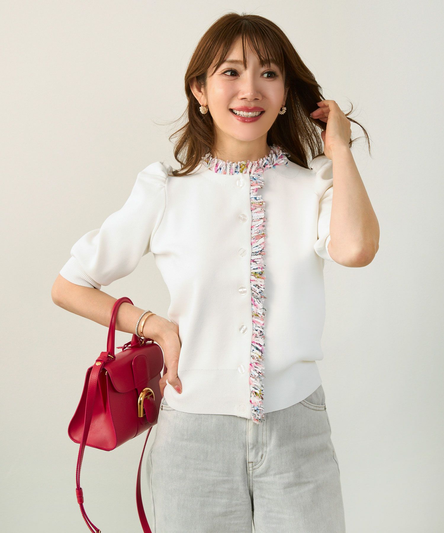 手洗い可体型カバーオフィスラウンドネックパフ袖おしゃれフェミニン上品大人可愛いきれいめシンプルカジュアルジョイントスペース