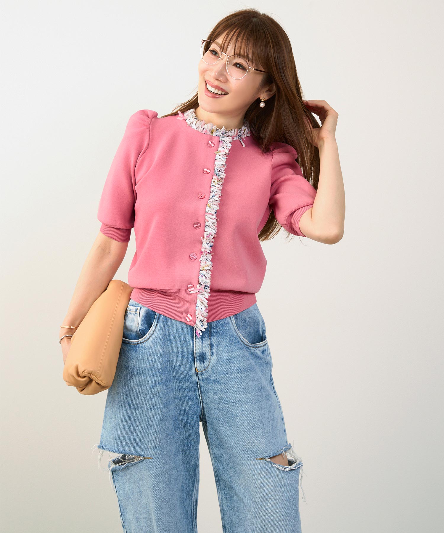 手洗い可体型カバーオフィスラウンドネックパフ袖おしゃれフェミニン上品大人可愛いきれいめシンプルカジュアルジョイントスペース