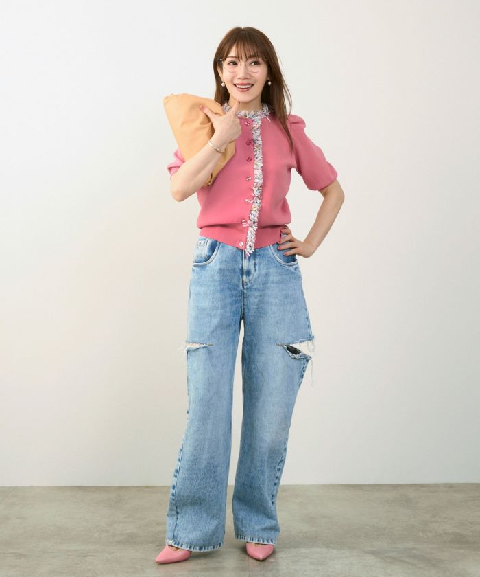 SUMMER-SALE ツイード フリンジ 半袖 ニット カーディガン Liala