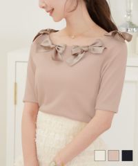 リボンデザインカットソーlerevevanillerアイボリー/ピンクベージュ/ネイビー