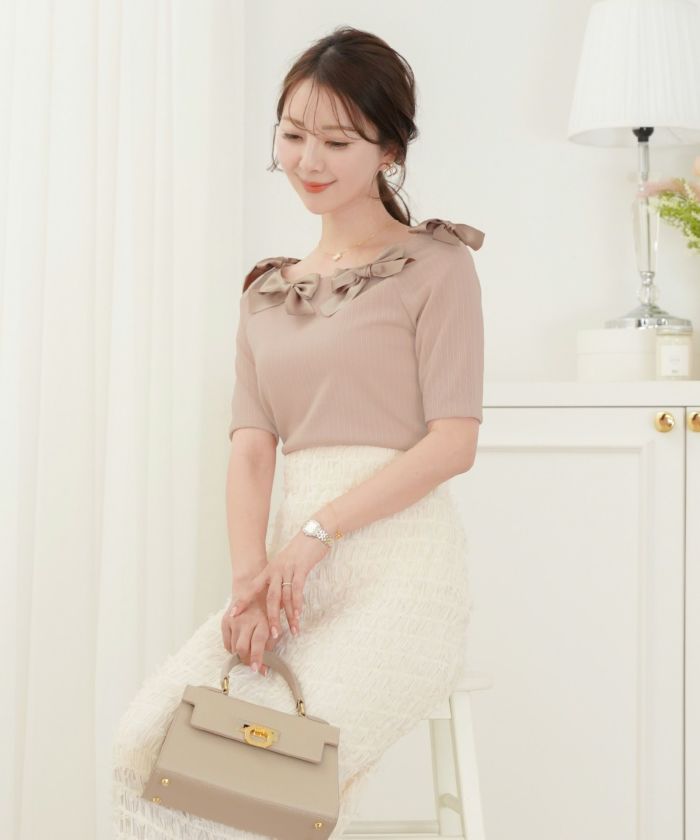 レディース/トップス/カットソー/半袖/春/夏/秋/晩夏/リブ/テレコ/リボン/デザイン/可愛い/エレガント/フェミニン/上品/アイボリー/ピンクベージュ/ネイビー/異素材