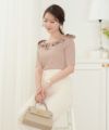 レディース/トップス/カットソー/半袖/春/夏/秋/晩夏/リブ/テレコ/リボン/デザイン/可愛い/エレガント/フェミニン/上品/アイボリー/ピンクベージュ/ネイビー/異素材