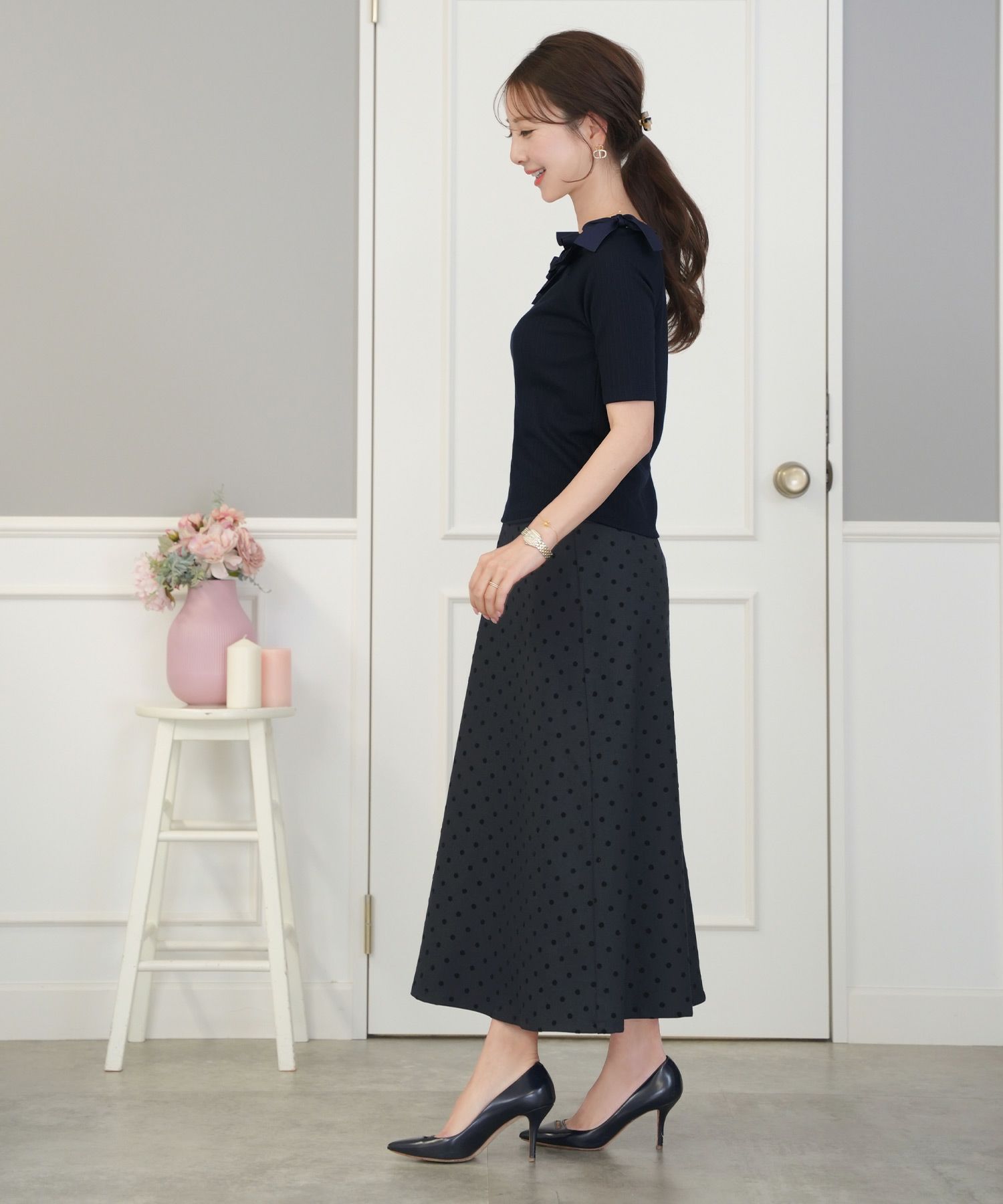 レディース/トップス/カットソー/半袖/春/夏/秋/晩夏/リブ/テレコ/リボン/デザイン/可愛い/エレガント/フェミニン/上品/アイボリー/ピンクベージュ/ネイビー/異素材