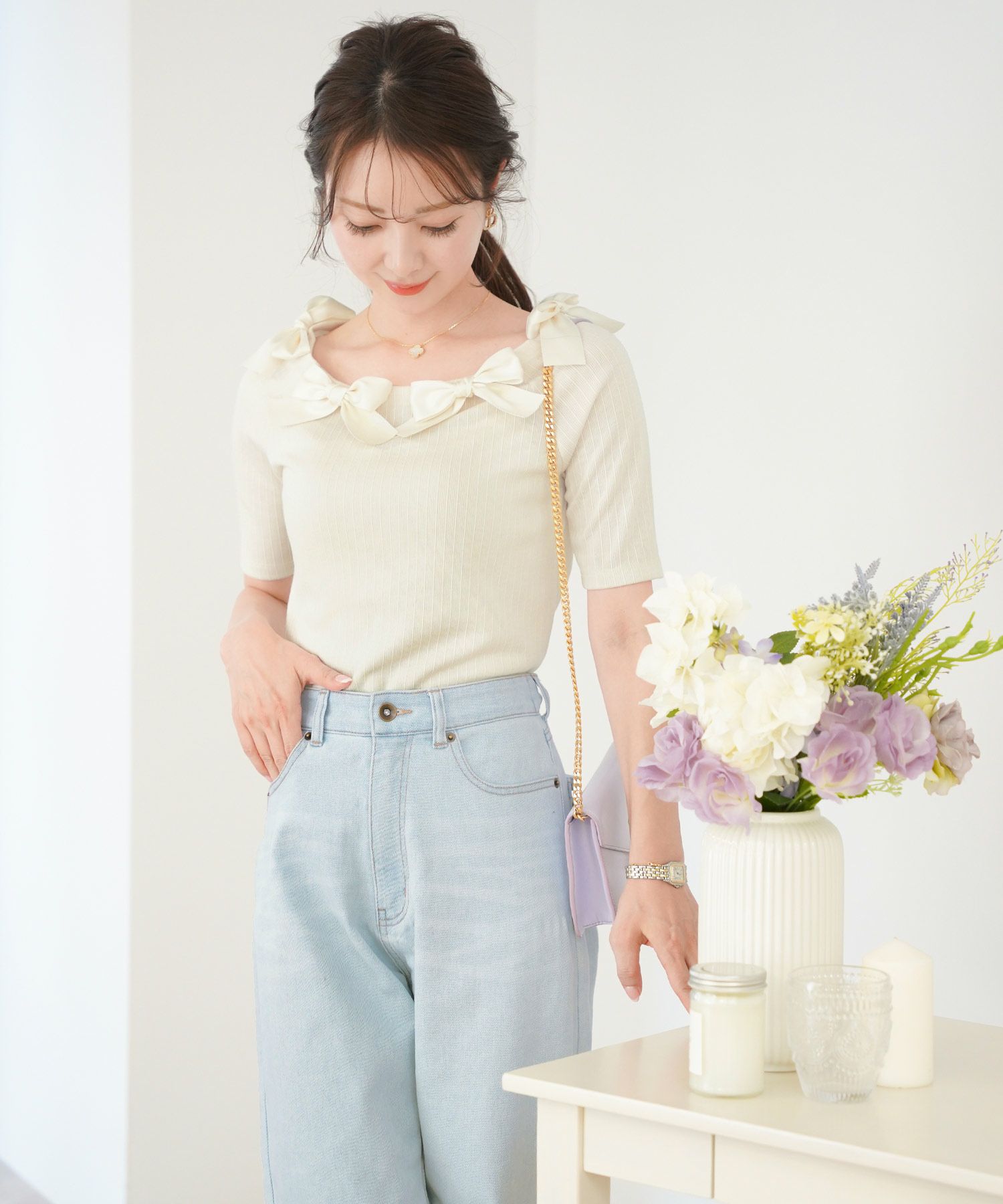 レディース/トップス/カットソー/半袖/春/夏/秋/晩夏/リブ/テレコ/リボン/デザイン/可愛い/エレガント/フェミニン/上品/アイボリー/ピンクベージュ/ネイビー/異素材