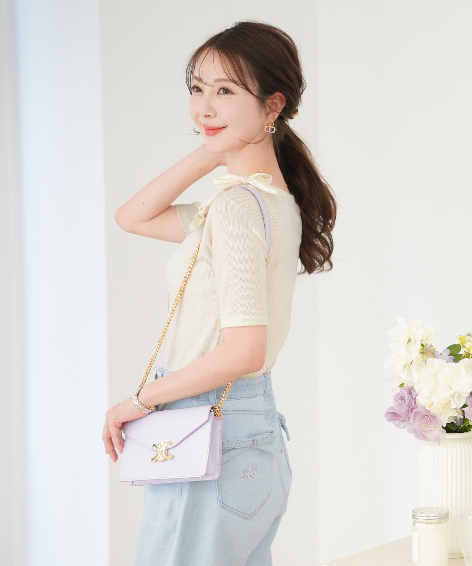 レディース/トップス/カットソー/半袖/春/夏/秋/晩夏/リブ/テレコ/リボン/デザイン/可愛い/エレガント/フェミニン/上品/アイボリー/ピンクベージュ/ネイビー/異素材