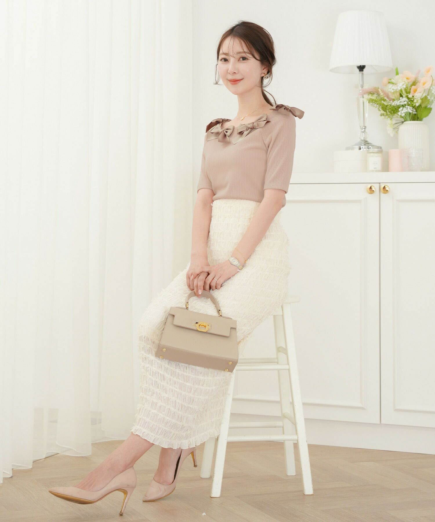 レディース/トップス/カットソー/半袖/春/夏/秋/晩夏/リブ/テレコ/リボン/デザイン/可愛い/エレガント/フェミニン/上品/アイボリー/ピンクベージュ/ネイビー/異素材