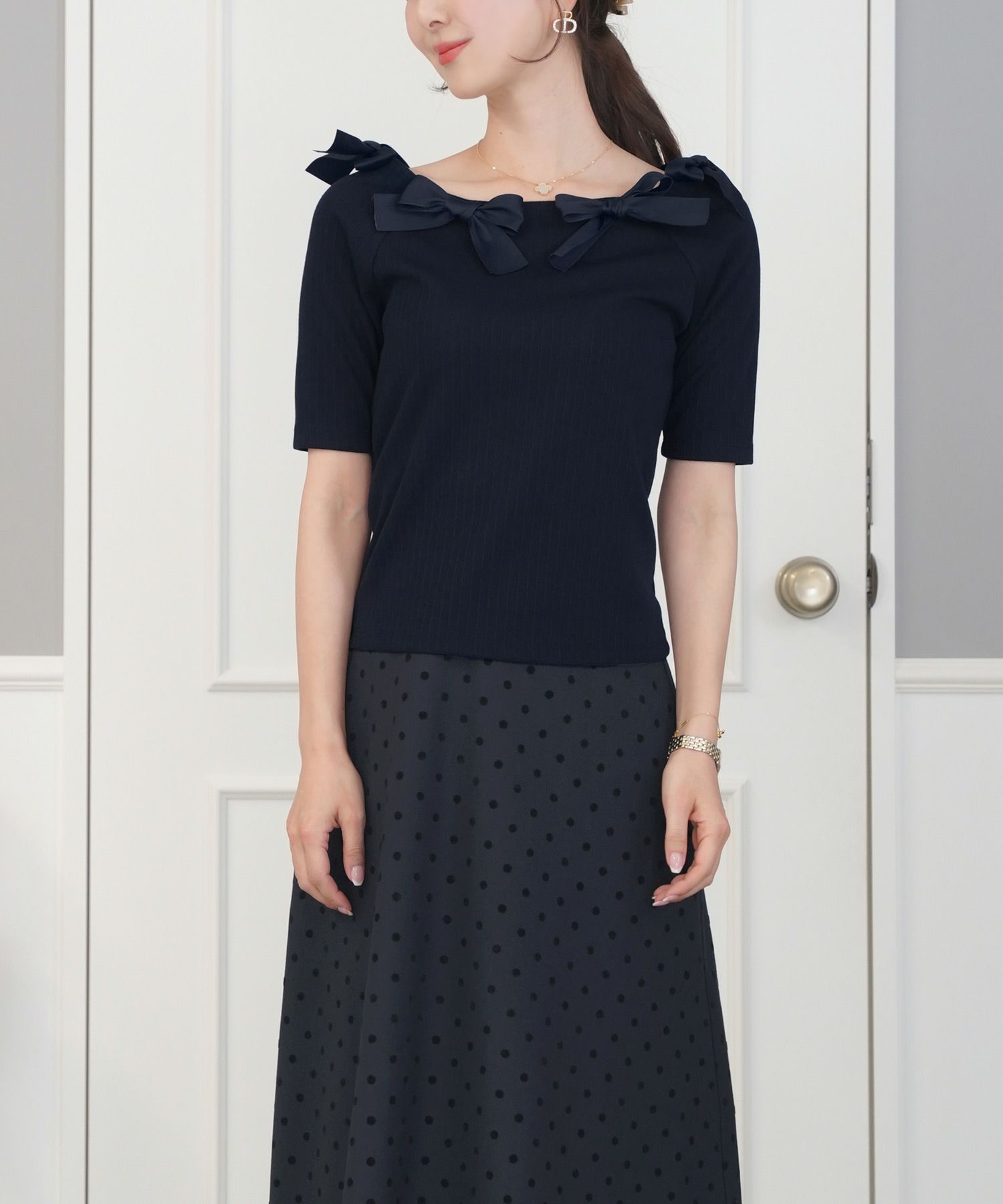 レディース/トップス/カットソー/半袖/春/夏/秋/晩夏/リブ/テレコ/リボン/デザイン/可愛い/エレガント/フェミニン/上品/アイボリー/ピンクベージュ/ネイビー/異素材