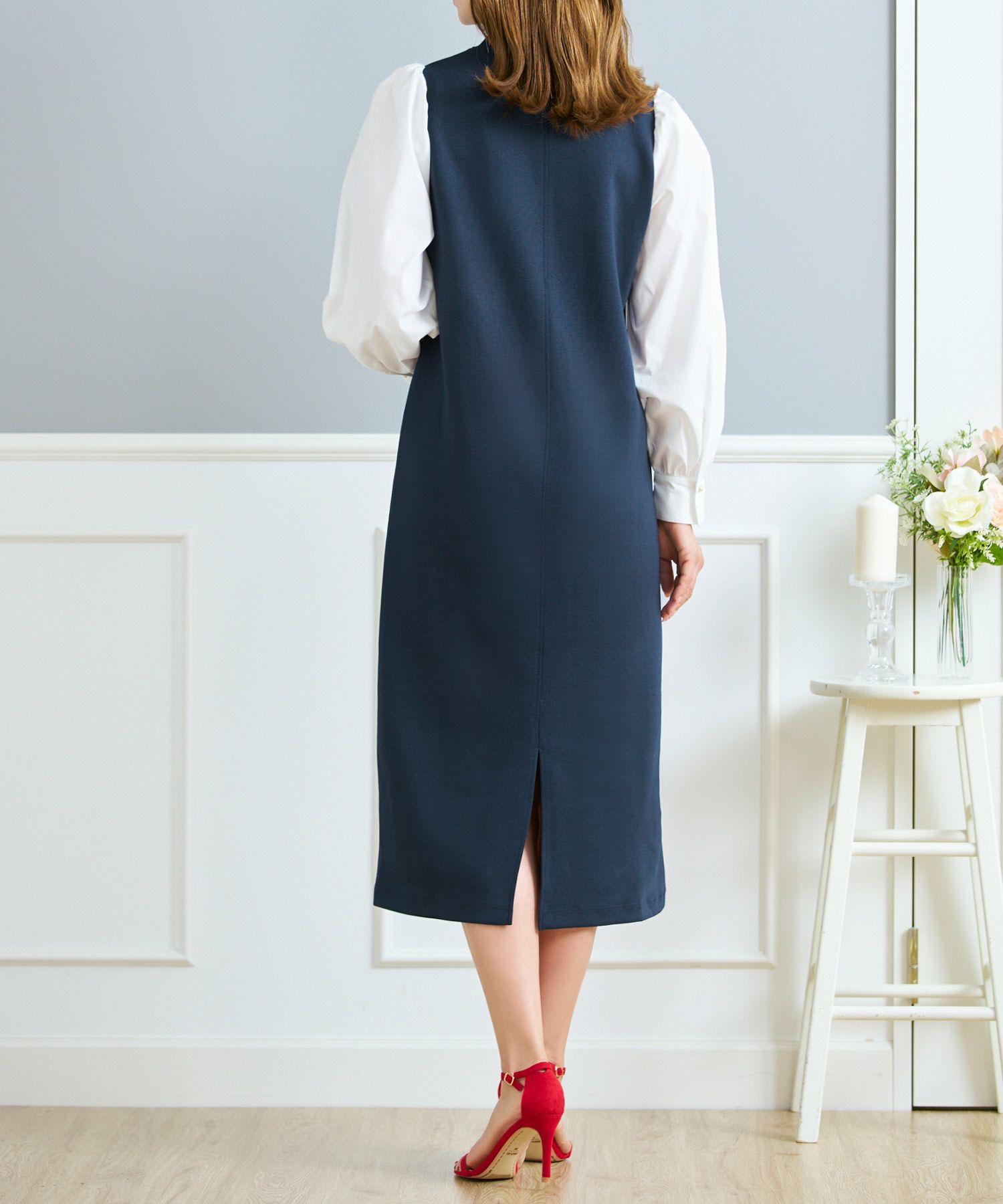 セレクトワンピース長袖きれいめ大人オフィス春秋伸縮性洗えるウォッシャブルIラインかわいいジョイントスペース