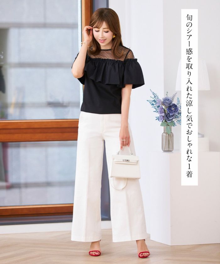 トップス レディース 半袖 夏 大人 かわいい きれいめ チュールレース ラッフルフリル 白黒 上品 ジョイントスペース