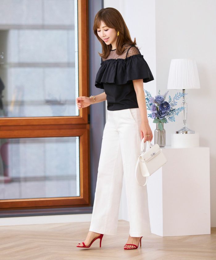 トップス レディース 半袖 夏 大人 かわいい きれいめ チュールレース ラッフルフリル 白黒 上品 ジョイントスペース