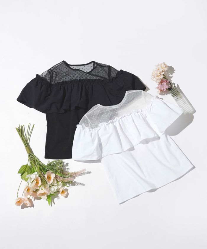 SUMMER-SALE シアードットコンビ フリル カットソー Prima