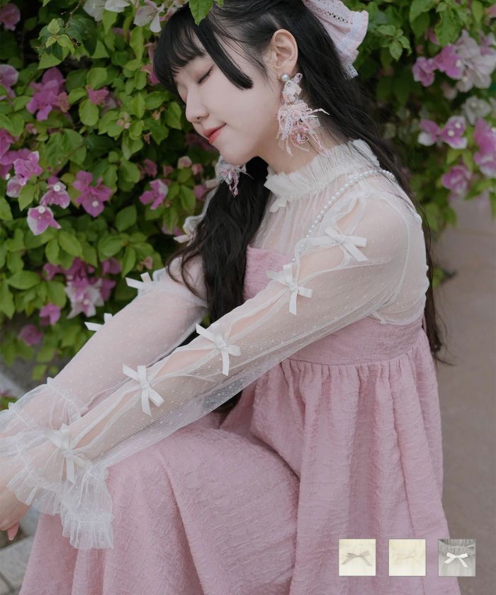 ドットチュール リボン トップス miolite アイボリーｘグレー/ アイボリーｘアイボリー/グレーｘホワイト