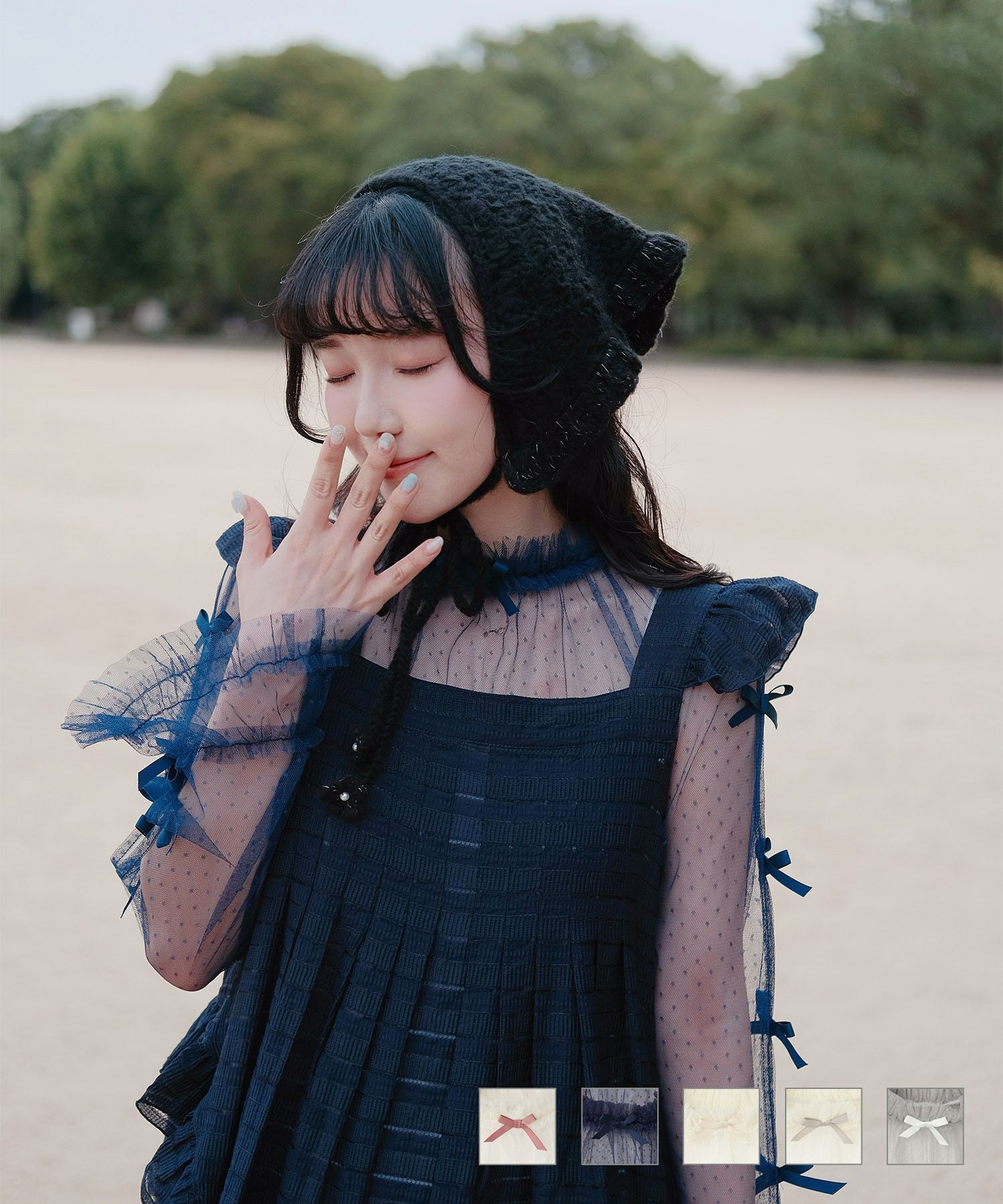 ドットチュール リボン トップス miolite アイボリー×ピンク/ネイビー×ネイビー/アイボリーｘグレー/ アイボリーｘアイボリー/グレーｘホワイト/M