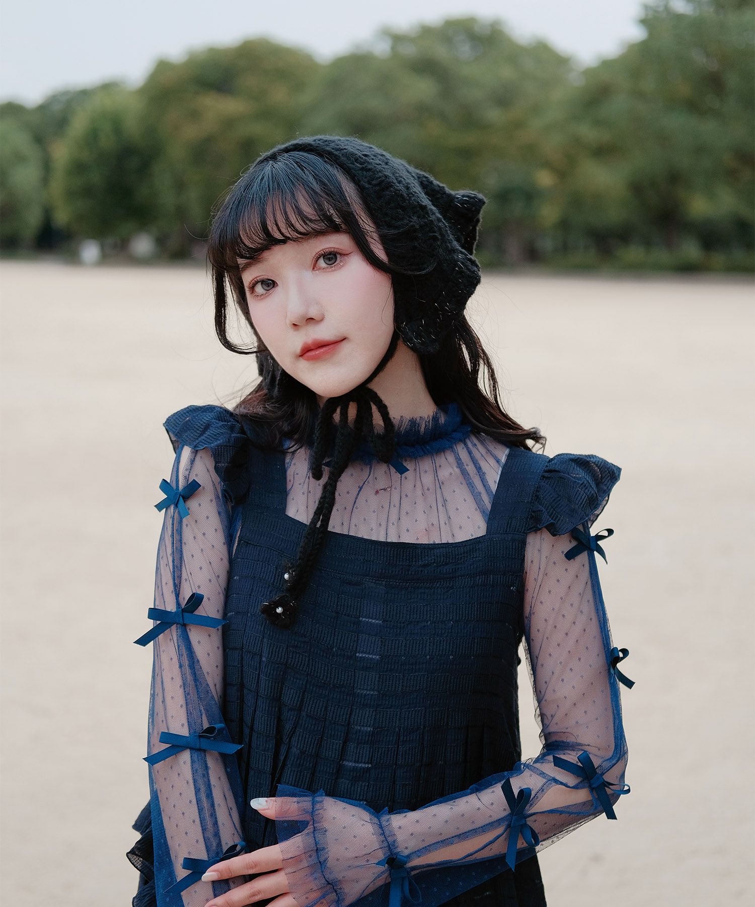 リボン チュール ハイネック 春 夏 アイボリー×ピンク/ネイビー×ネイビー/アイボリーｘグレー/ アイボリーｘアイボリー/グレーｘホワイト/M