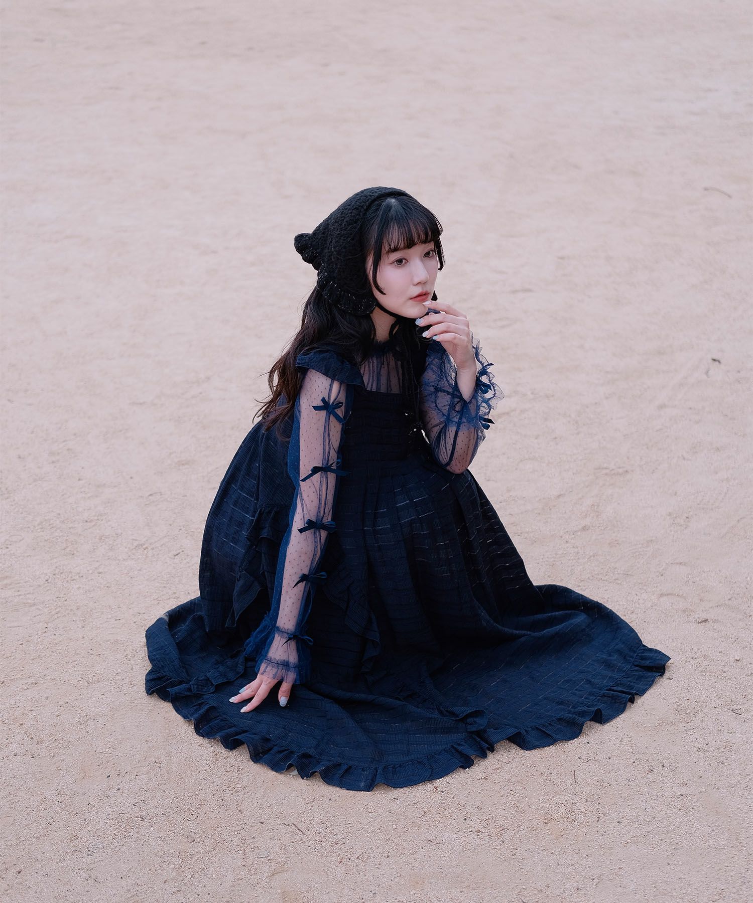 リボン チュール ハイネック 春 夏 アイボリー×ピンク/ネイビー×ネイビー/アイボリーｘグレー/ アイボリーｘアイボリー/グレーｘホワイト/M