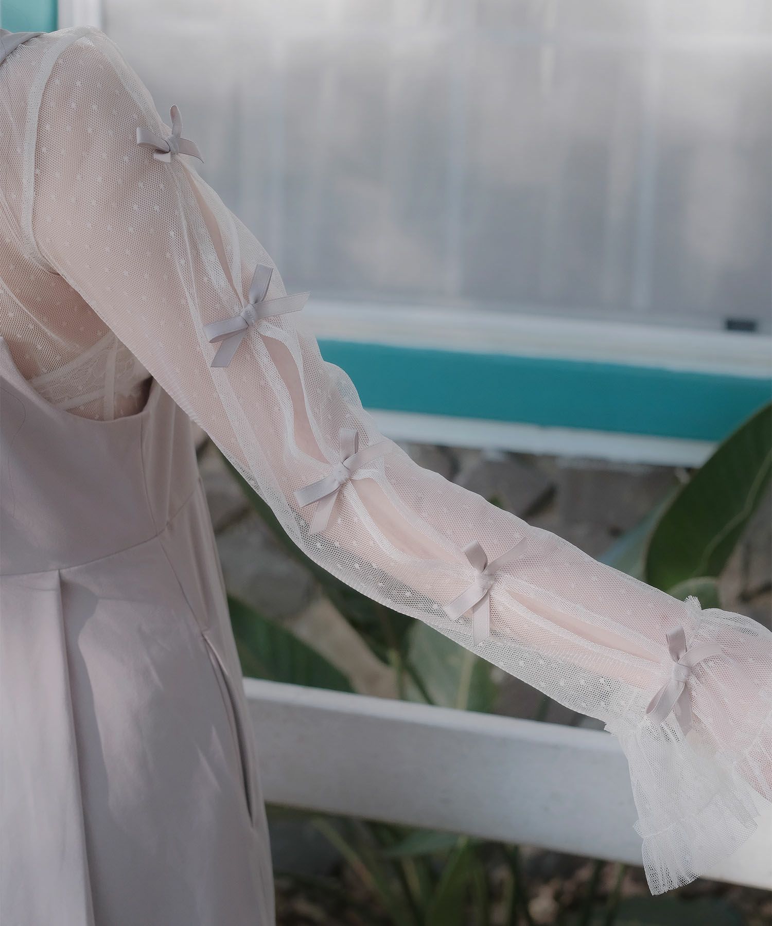 リボン チュール ハイネック 春 夏 アイボリー×ピンク/ネイビー×ネイビー/アイボリーｘグレー/ アイボリーｘアイボリー/グレーｘホワイト/M