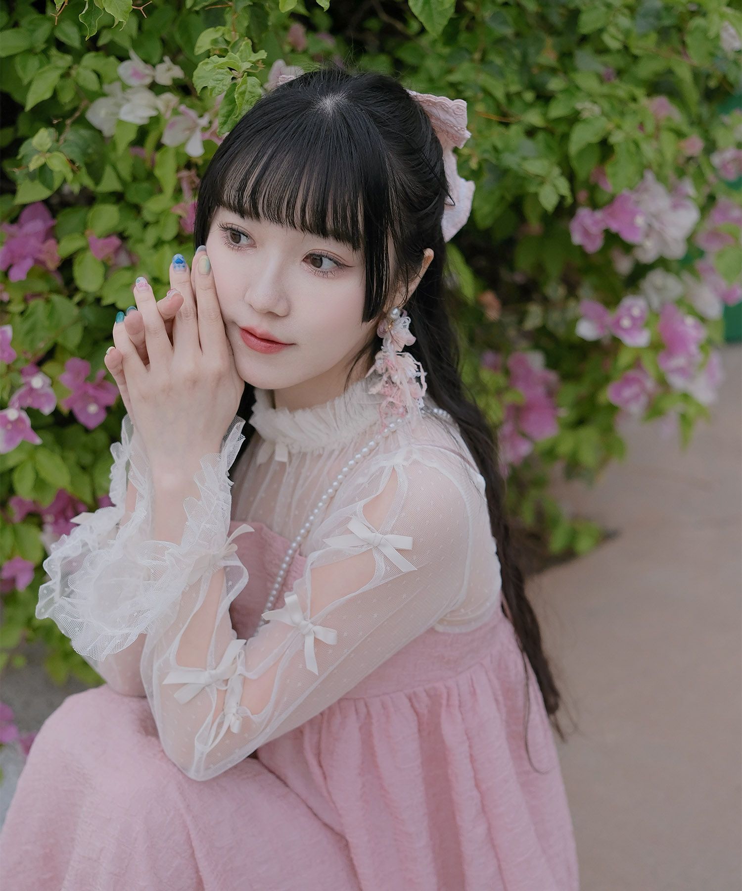 リボン チュール ハイネック 春 夏 アイボリー×ピンク/ネイビー×ネイビー/アイボリーｘグレー/ アイボリーｘアイボリー/グレーｘホワイト/M