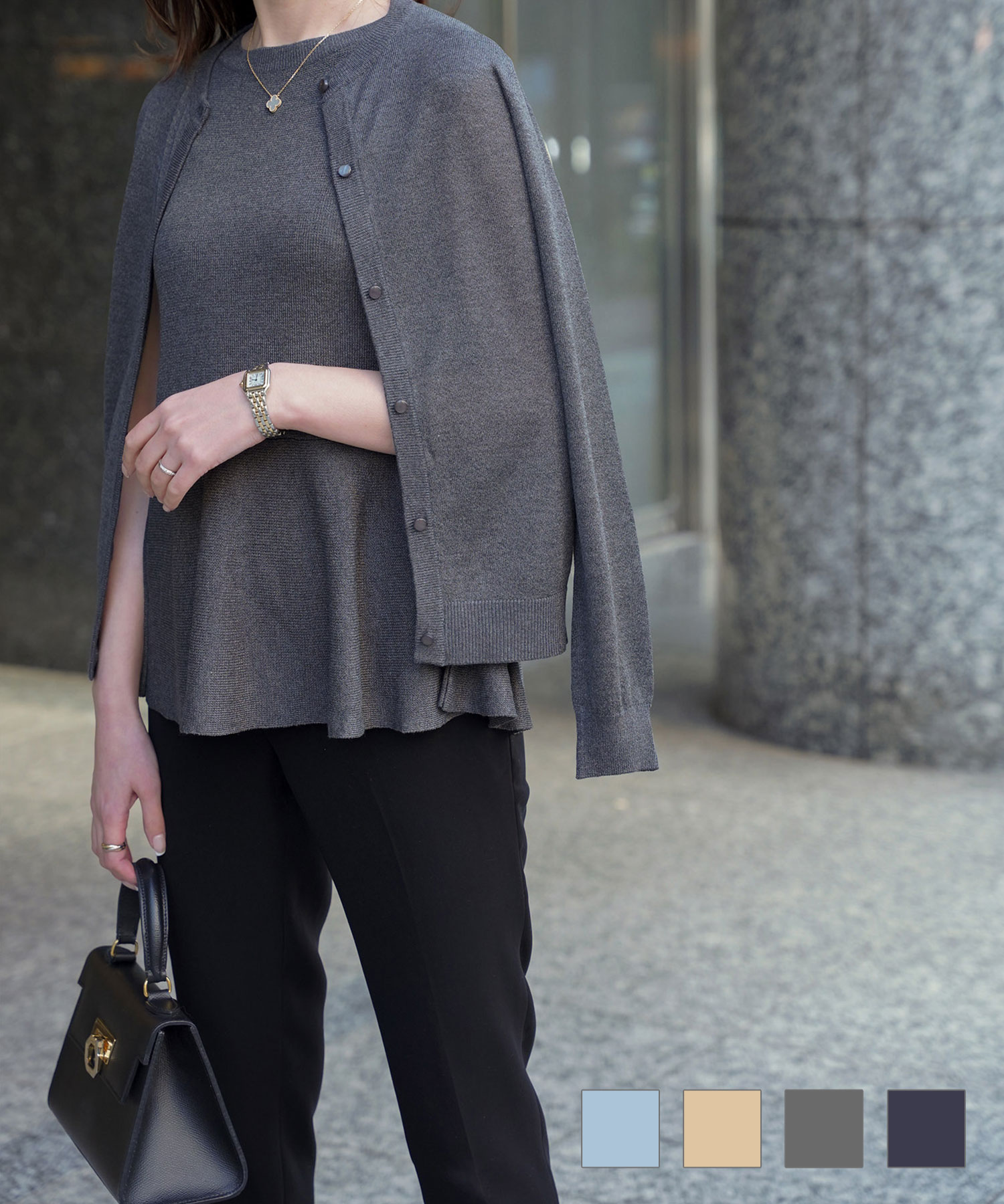 ペプラムニット アンサンブル HUIT サックス/ベージュ/チャコール/ネイビー