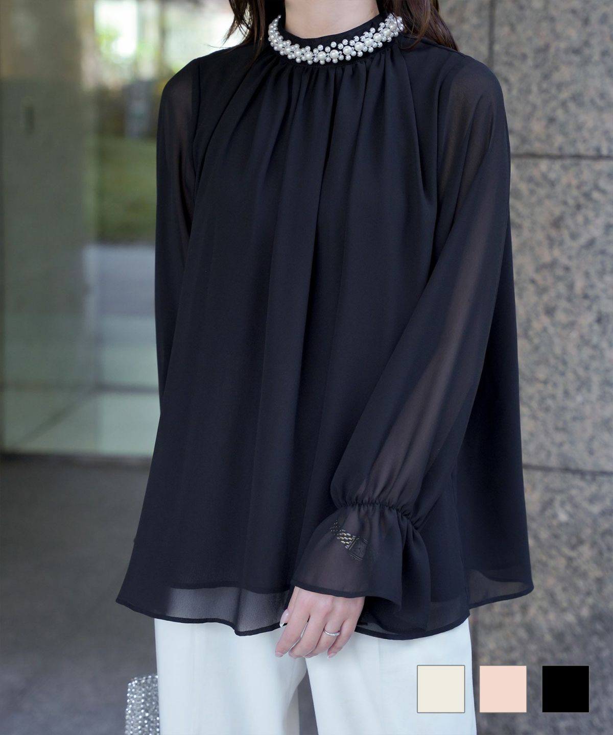 パールネック キャンディスリーブ ブラウス HUIT アイボリー/ピンクベージュ/ブラック