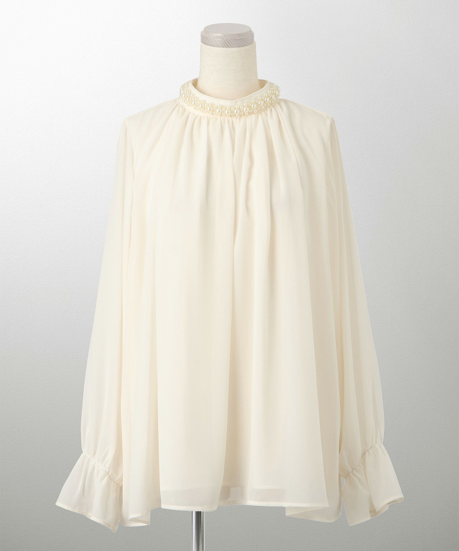 レディース ブラウス パール ビジュー 洗える きれいめ アイボリー/ピンクベージュ/ブラック キャンディースリーブ