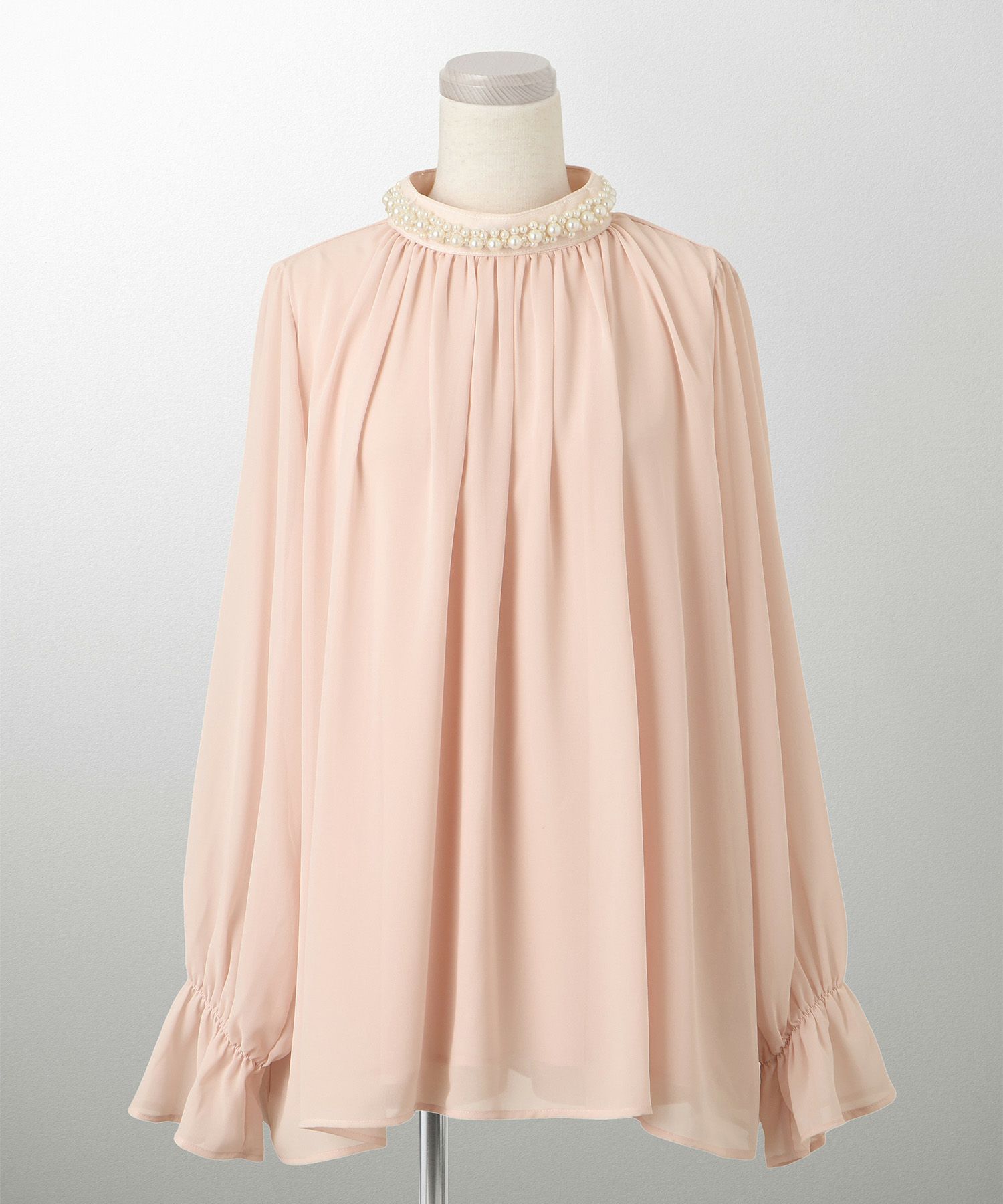 レディース ブラウス パール ビジュー 洗える きれいめ アイボリー/ピンクベージュ/ブラック キャンディースリーブ