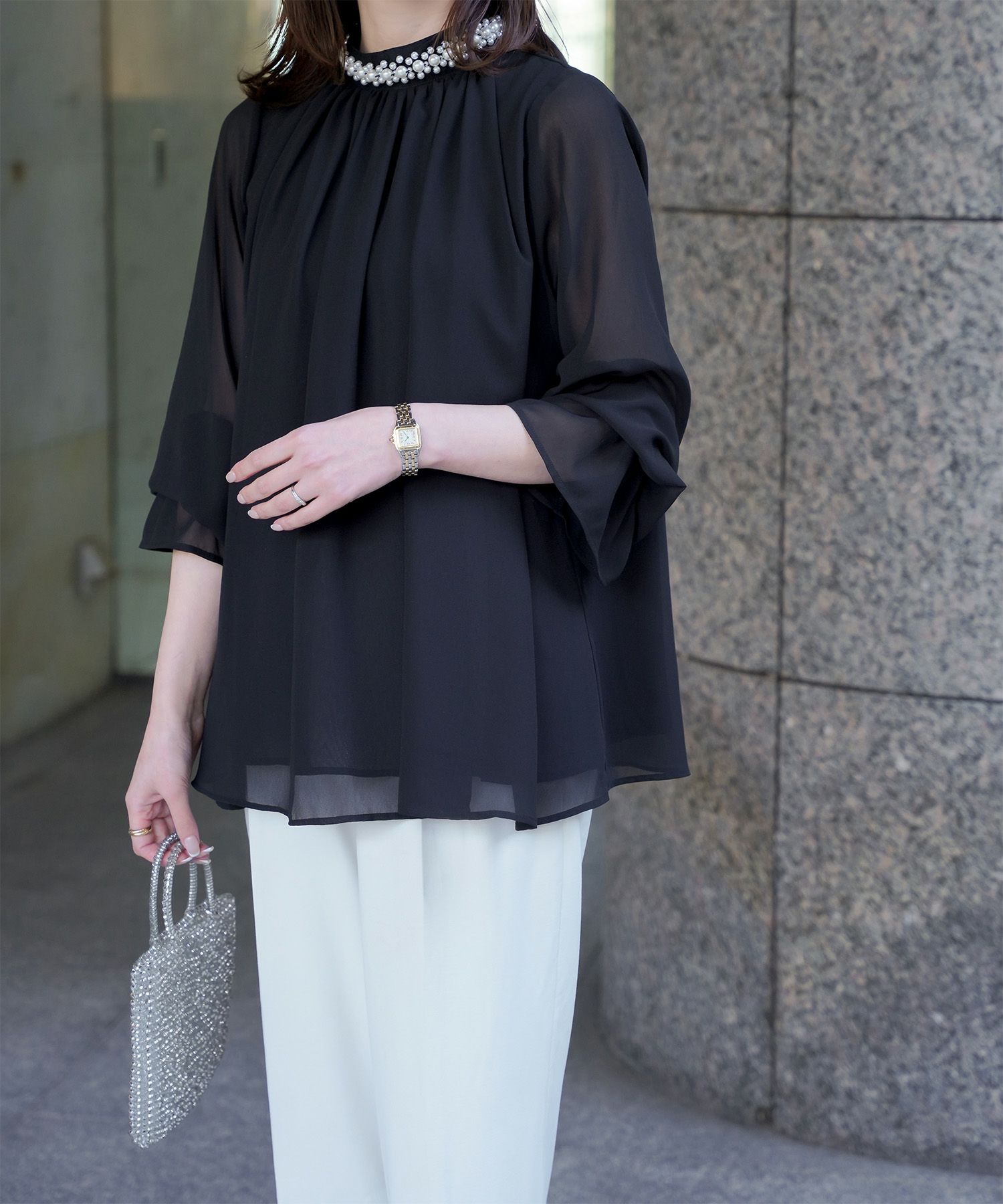 レディース ブラウス パール ビジュー 洗える きれいめ アイボリー/ピンクベージュ/ブラック キャンディースリーブ