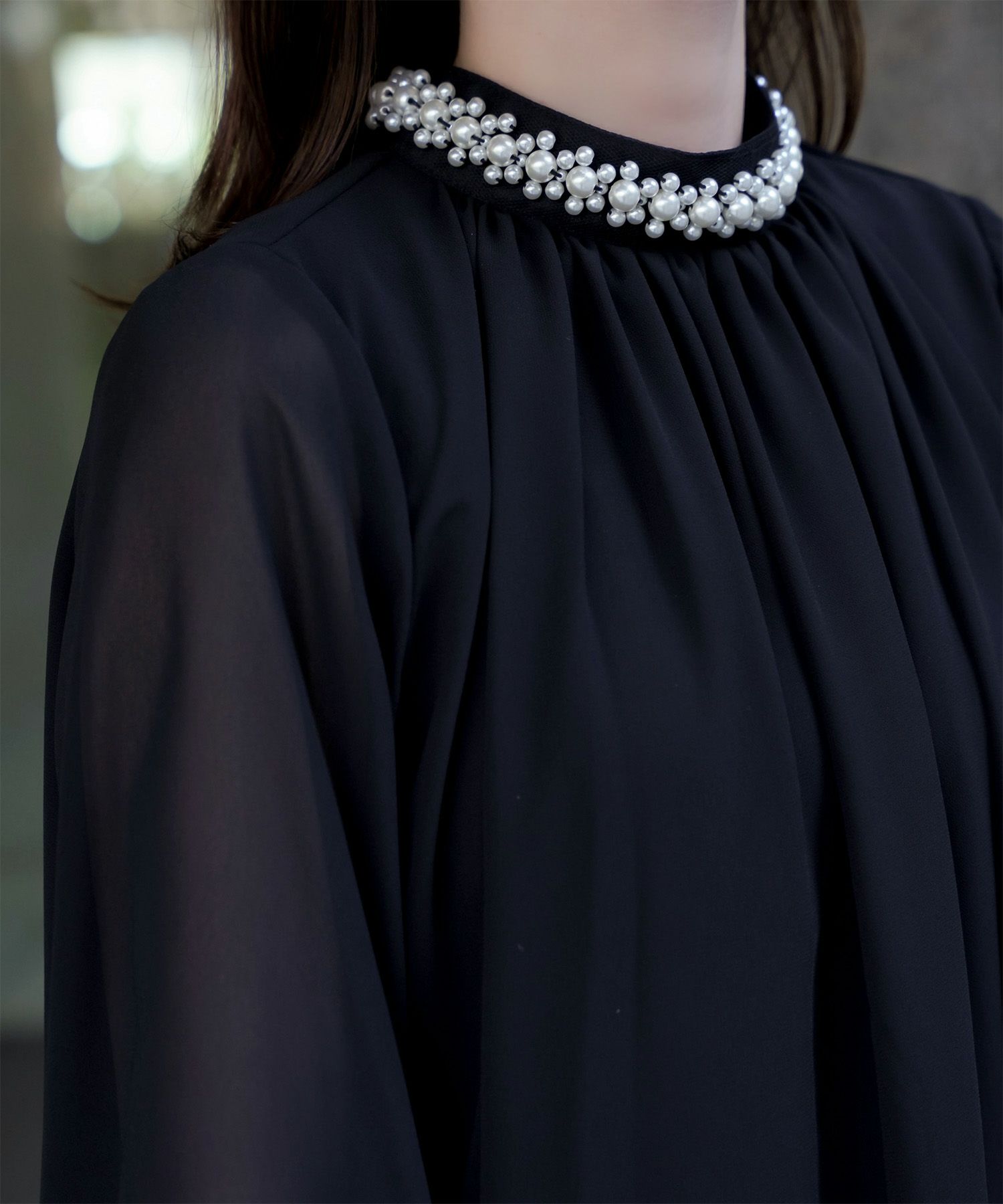 レディース ブラウス パール ビジュー 洗える きれいめ アイボリー/ピンクベージュ/ブラック キャンディースリーブ