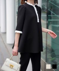 フリル スタンドカラー ボンディング トップス HUIT アイボリー/ブラック