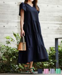 ストライプチューリップ袖ティアードワンピースLiala×PG