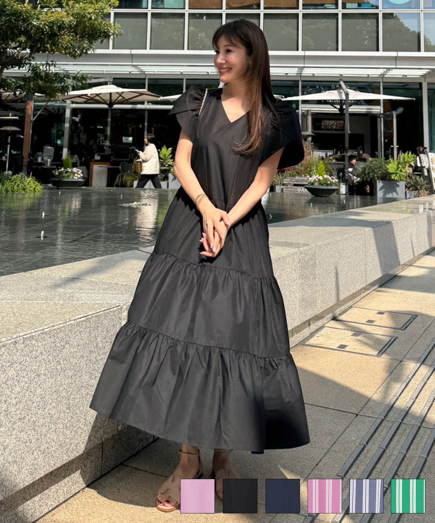 ストライプチューリップ袖ティアードワンピースLiala×PG