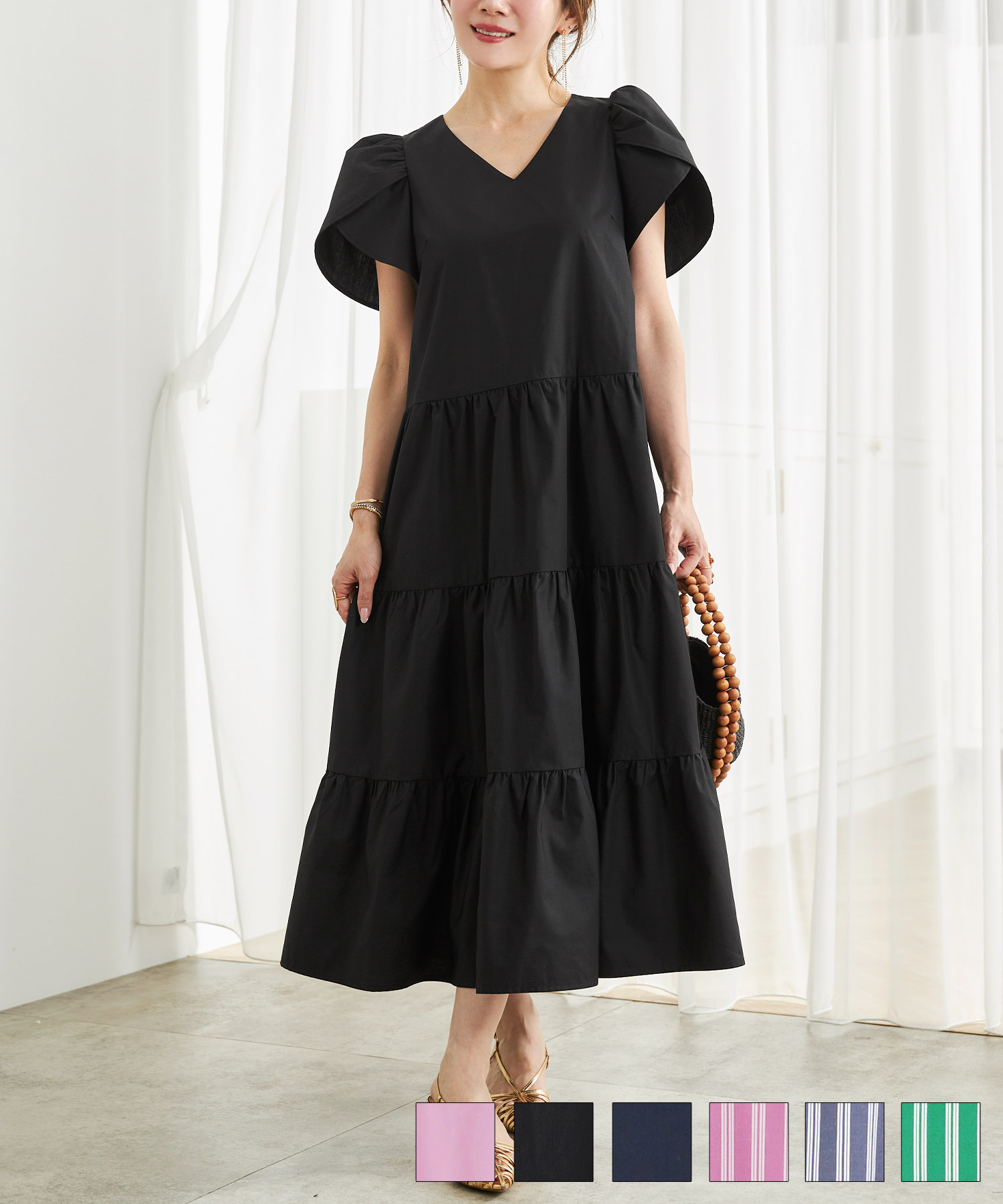 ストライプチューリップ袖ティアードワンピースLiala×PG