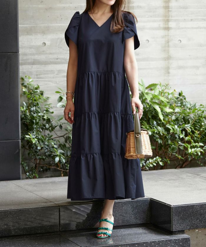 ストライプ チューリップ袖 ティアード ワンピース Liala×PG 全4色