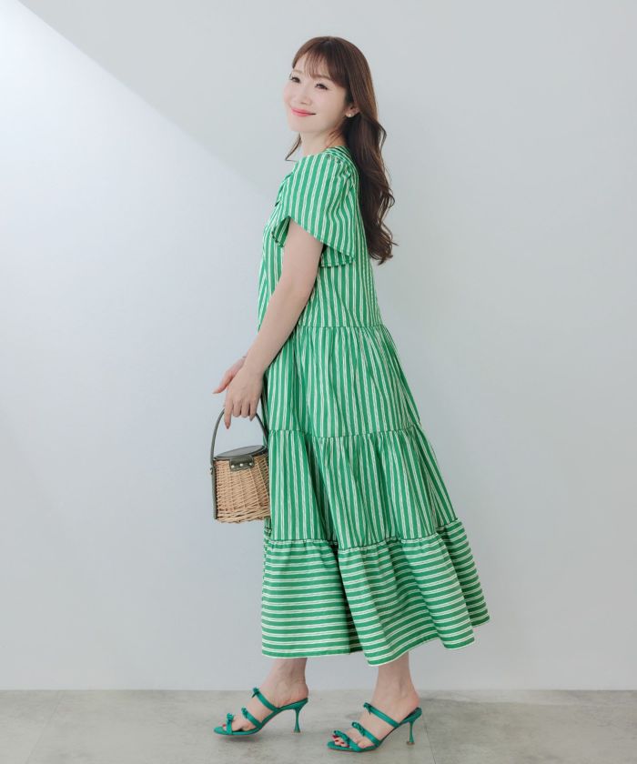手洗い可Vネック袖山ギャザーフレアおしゃれフェミニンナチュラル上品大人可愛いきれいめ体型カバー夏ジョイントスペース